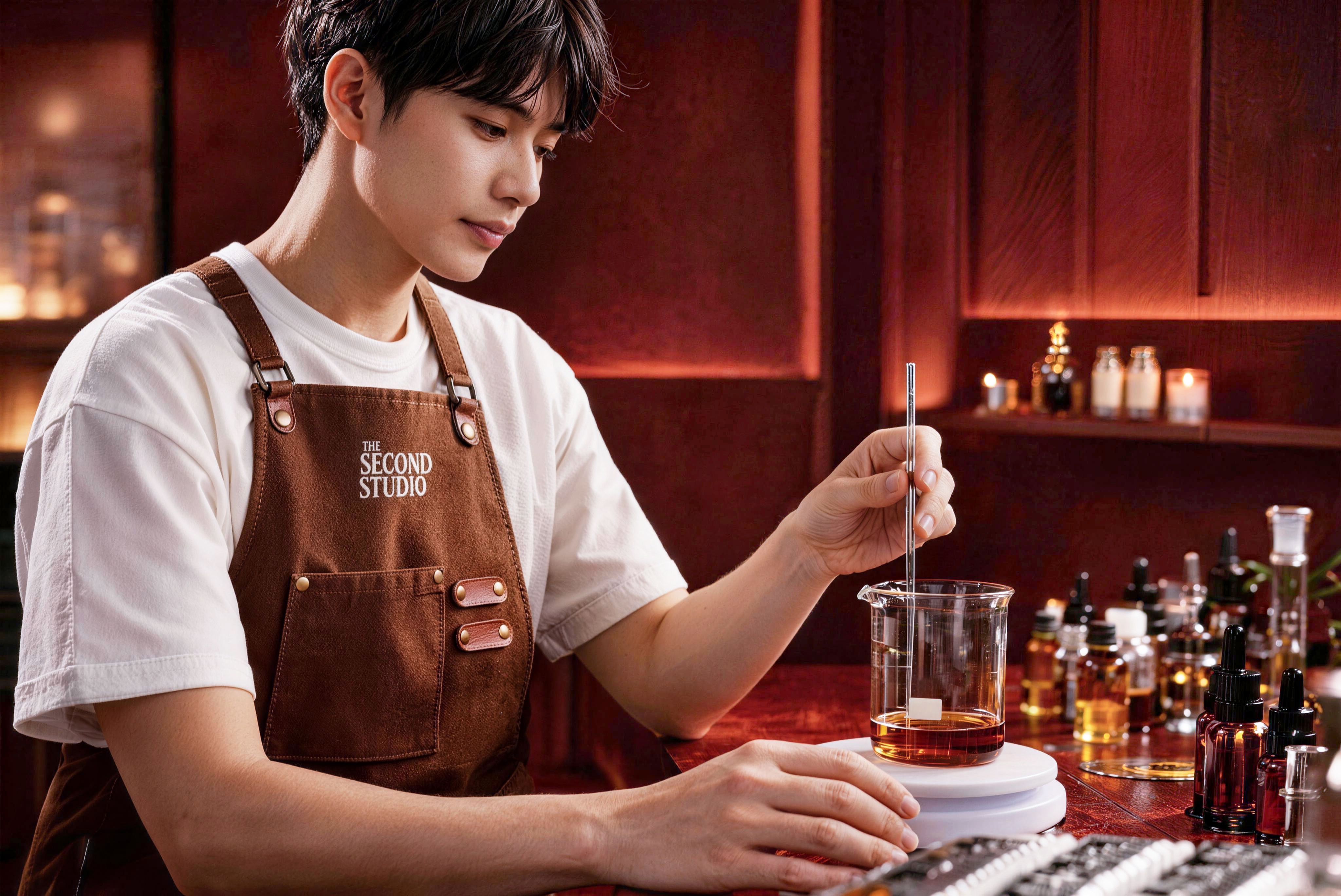 Man creating custom perfume fragrance in luxury scent workshop with essential oil bottles.