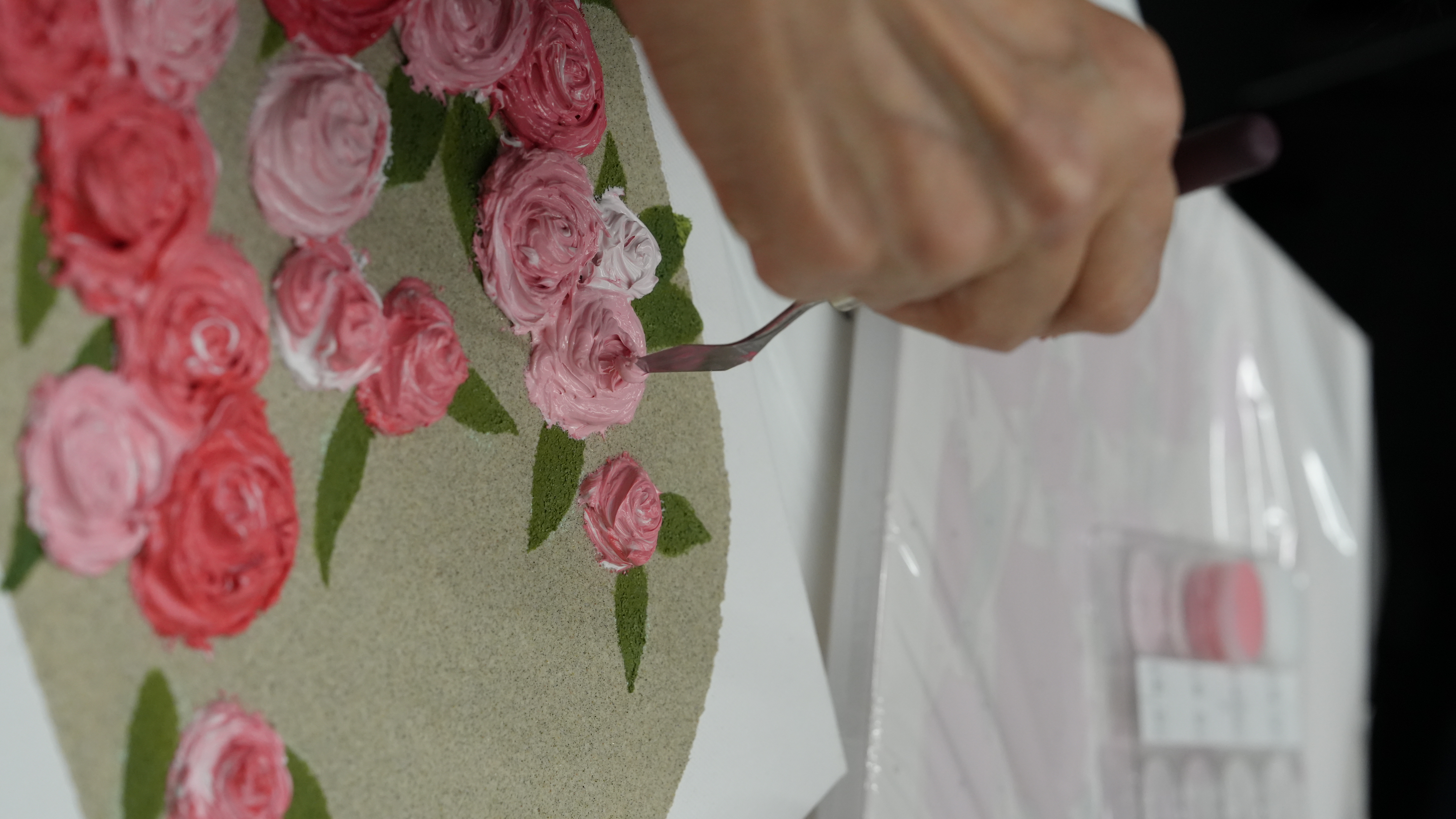Palette knife technique creating textured rose petals in Textured Art Styling workshop