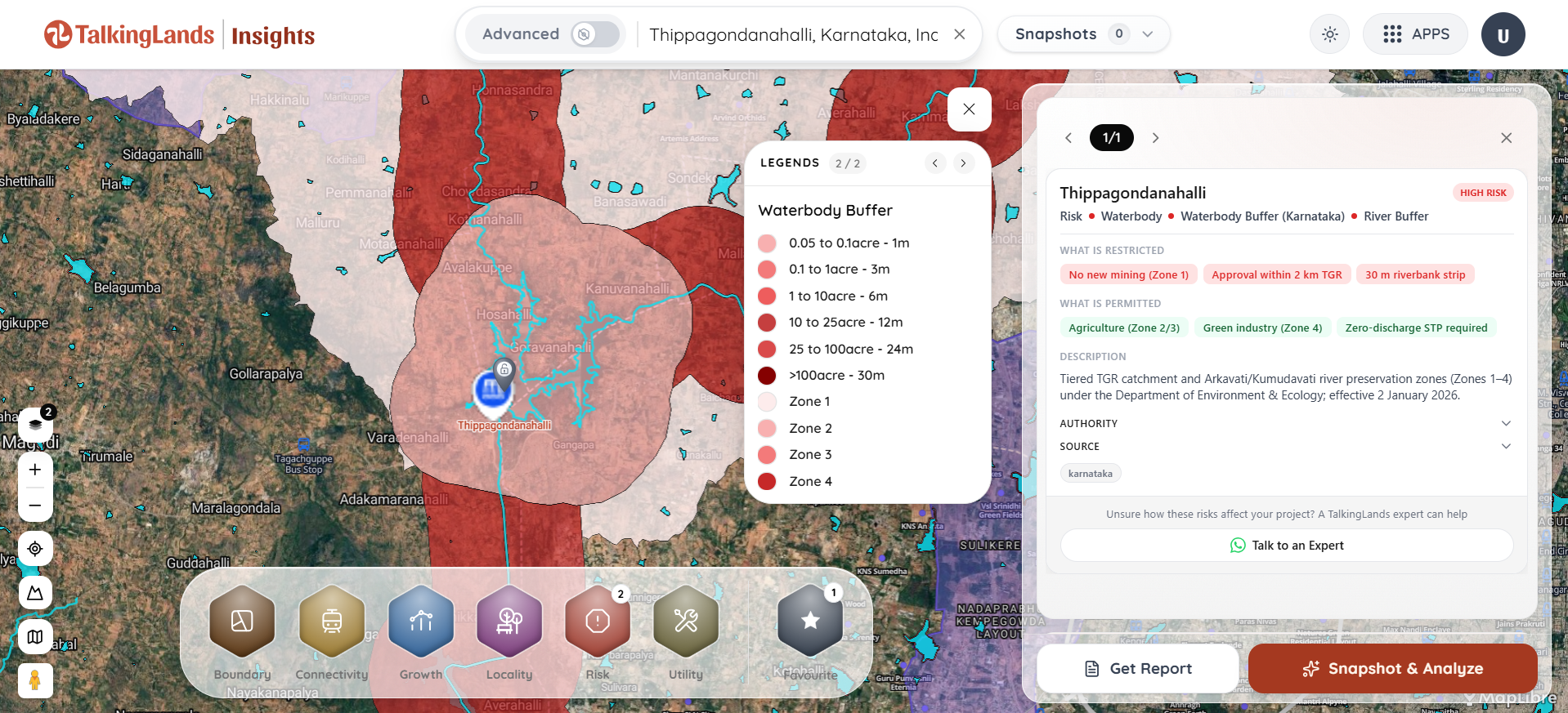 TalkingLands Insights map showing zoning, risk & owner for a plot