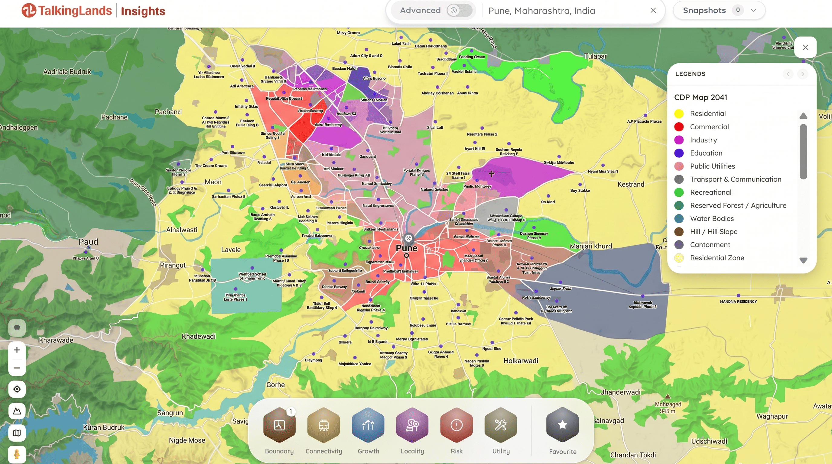 TalkingLands Insights map showing zoning, risk & owner for a plot