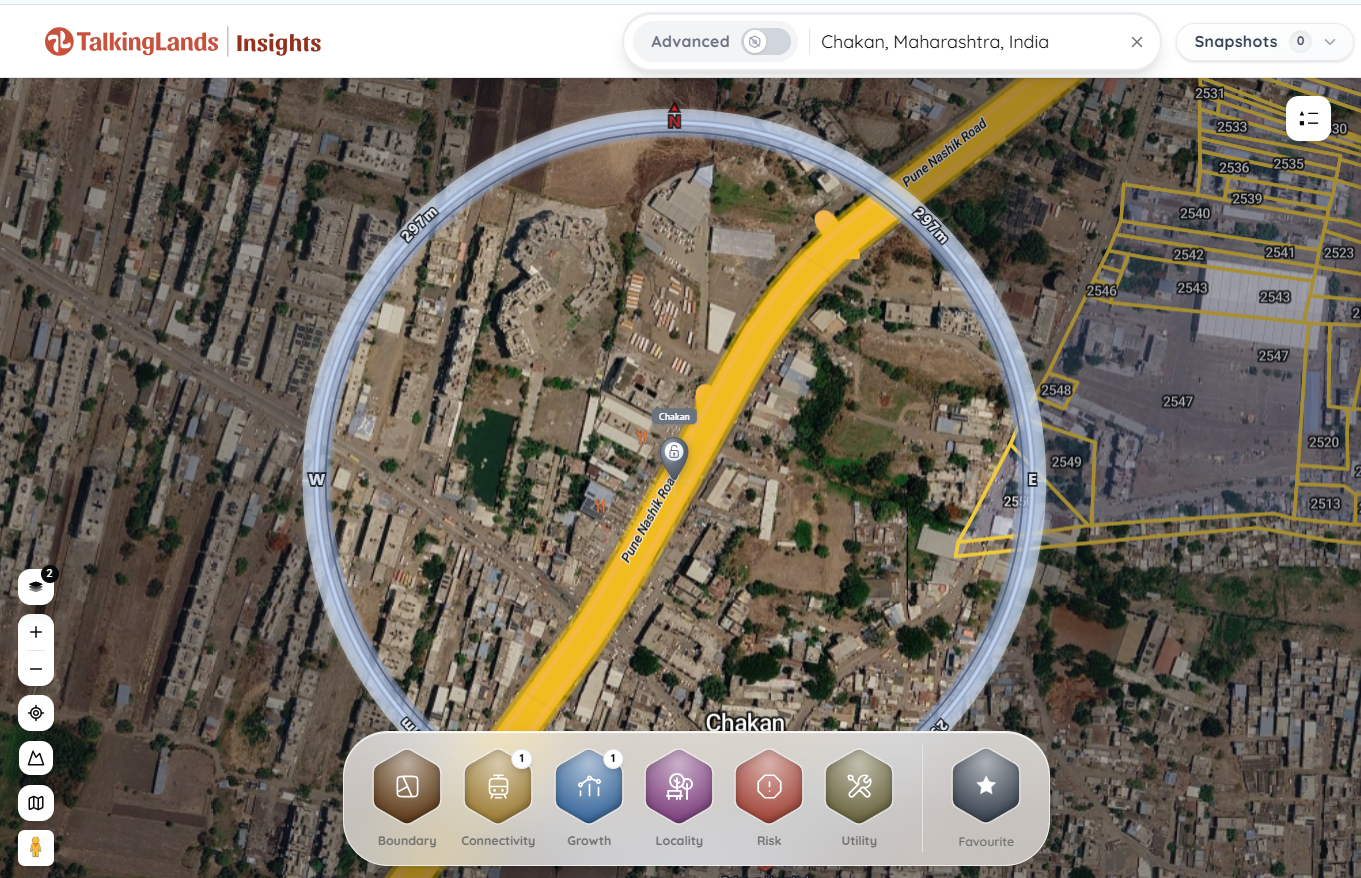 TalkingLands Insights map showing zoning, risk & owner for a plot