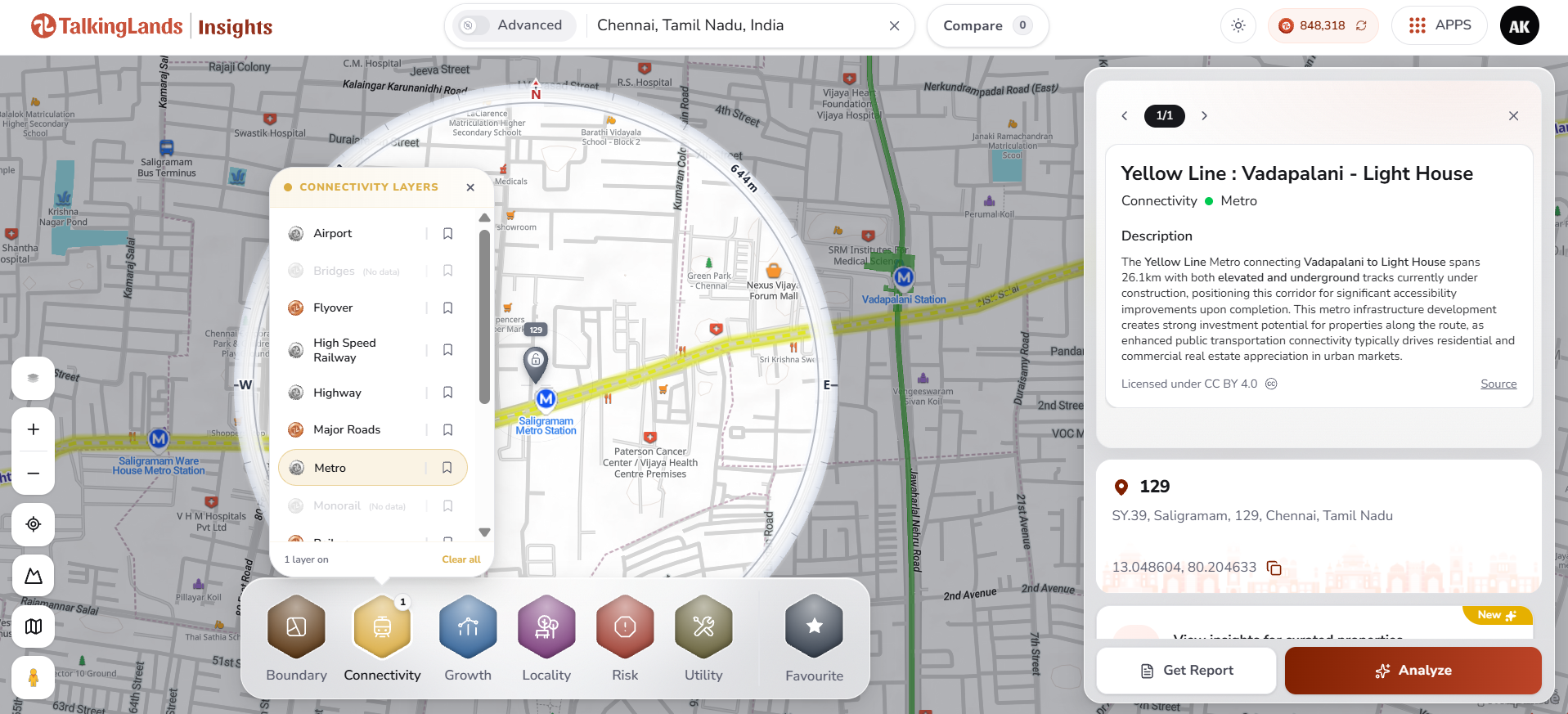 Chennai Metro Yellow Line corridor from Poonamallee to Lighthouse on the map