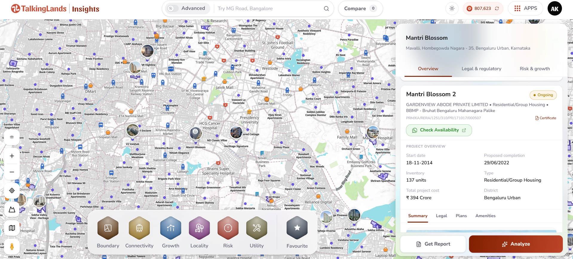 Generating a property report for a Bangalore project on TalkingLands Insights by clicking Get Report