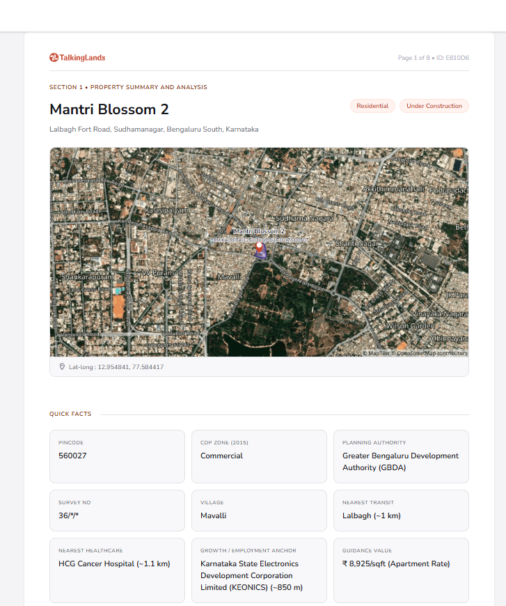 Sample TalkingLands property report for a Bangalore property showing quick facts and analysis