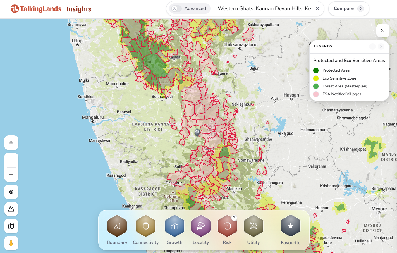 Protected areas and eco-sensitive zones shown on the TalkingLands Insights map