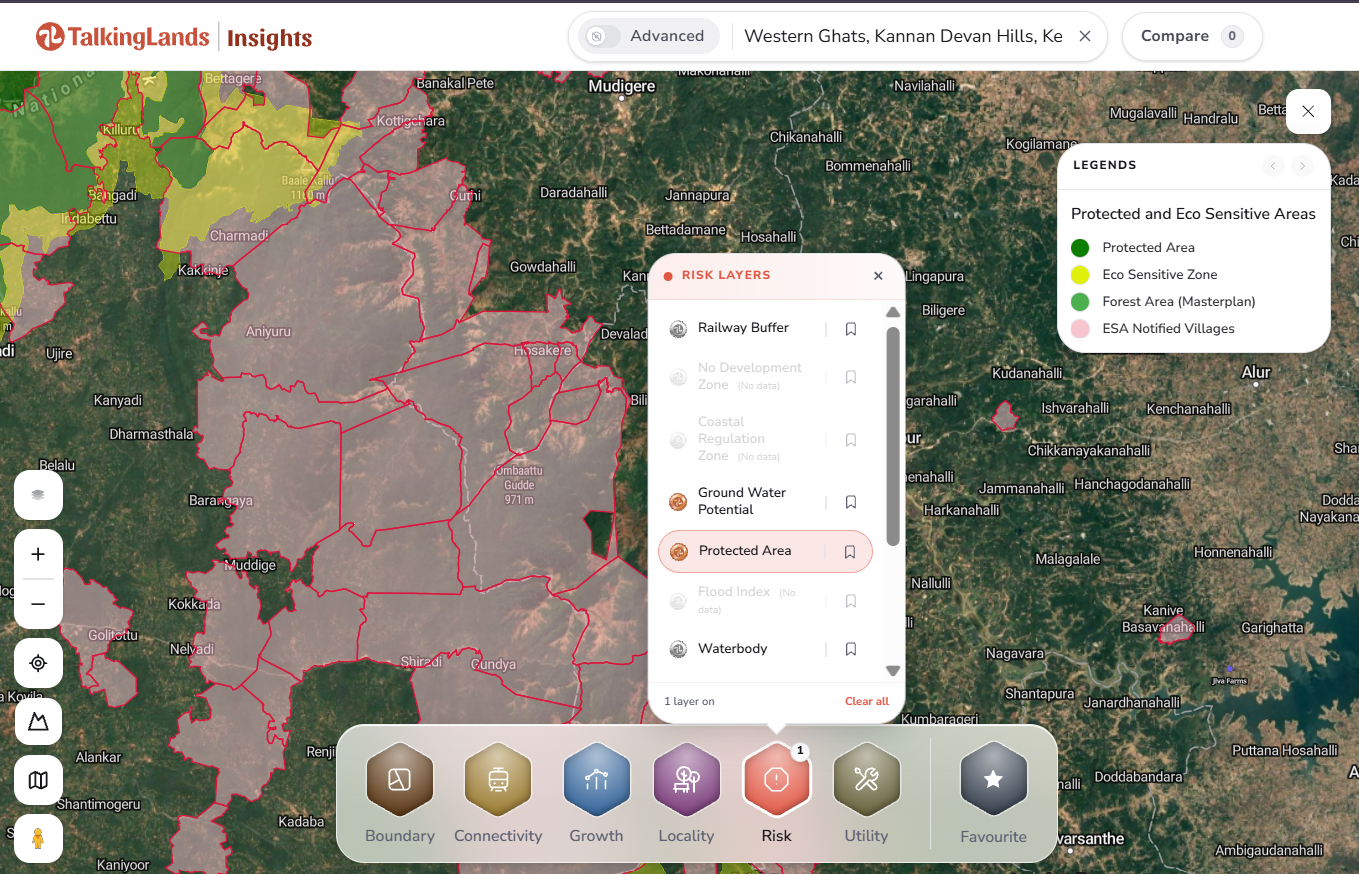 How to check a plot: open the Risk category and turn on the Protected Area layer on TalkingLands Insights