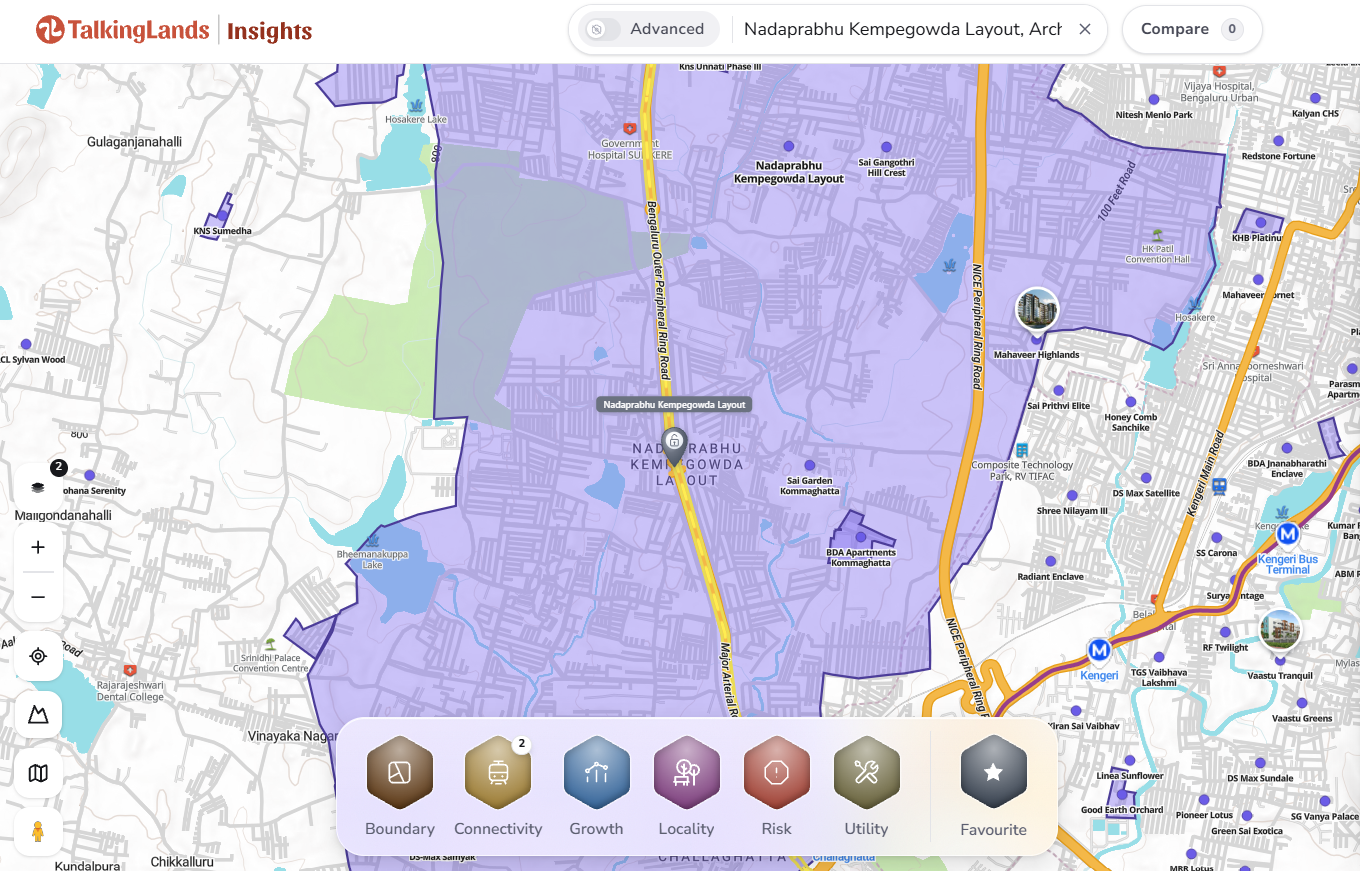 PRR-2 corridor passing through Nadaprabhu Kempegowda Layout on the TalkingLands Insights map