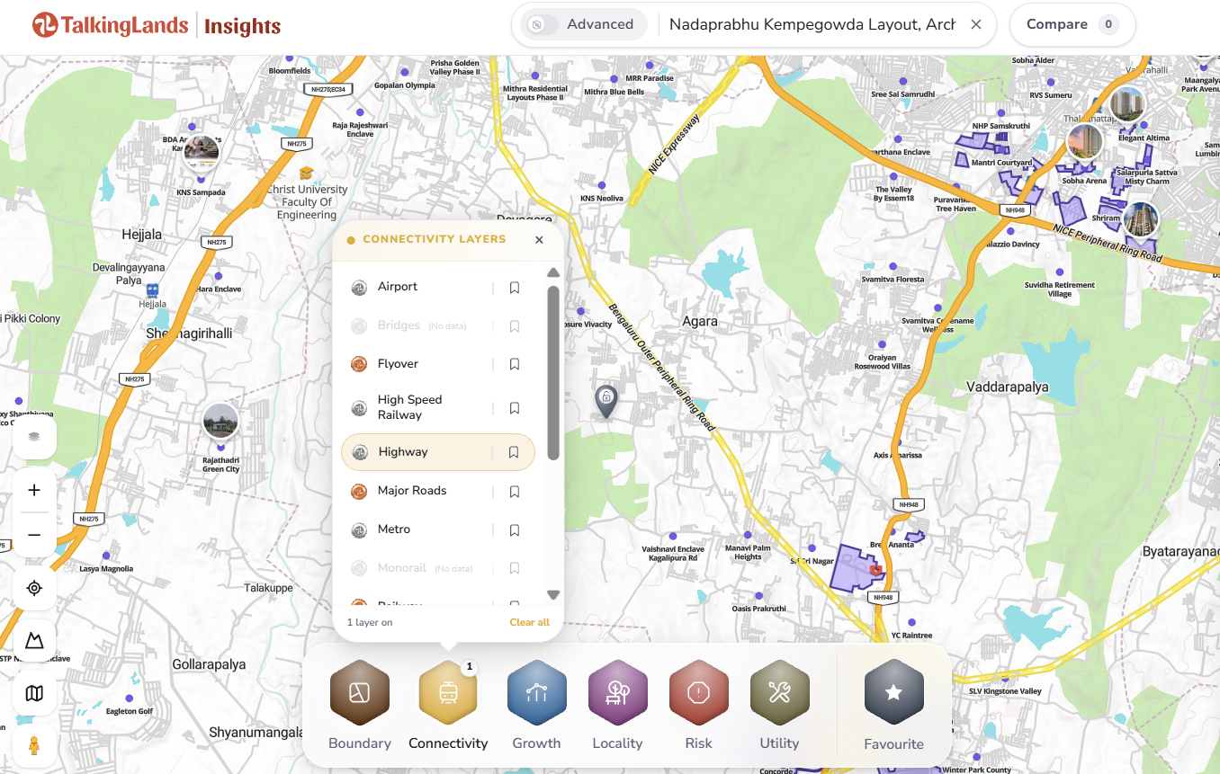 How to check a plot: open the Connectivity category and turn on the Highway layer on TalkingLands Insights