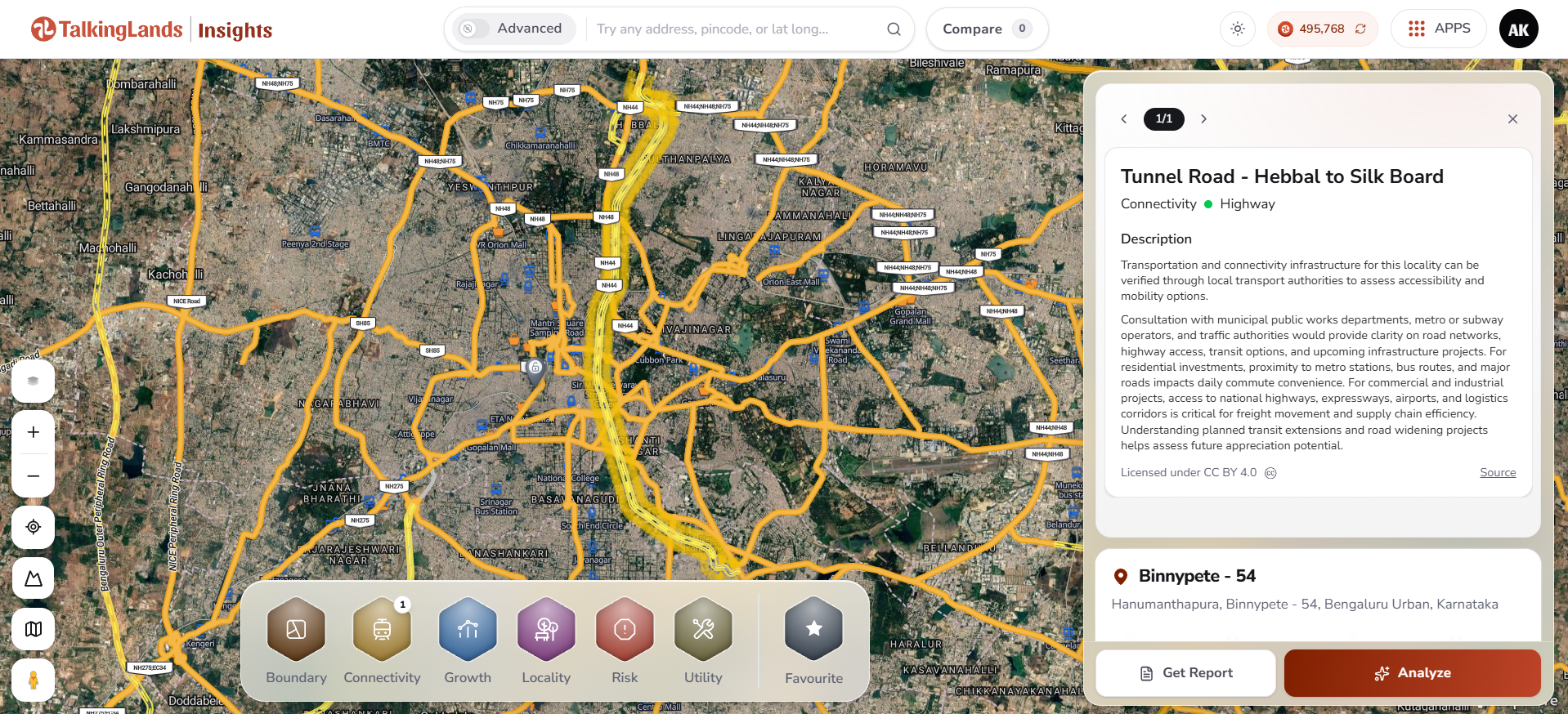 Hebbal to Silk Board tunnel corridor on the TalkingLands Insights map