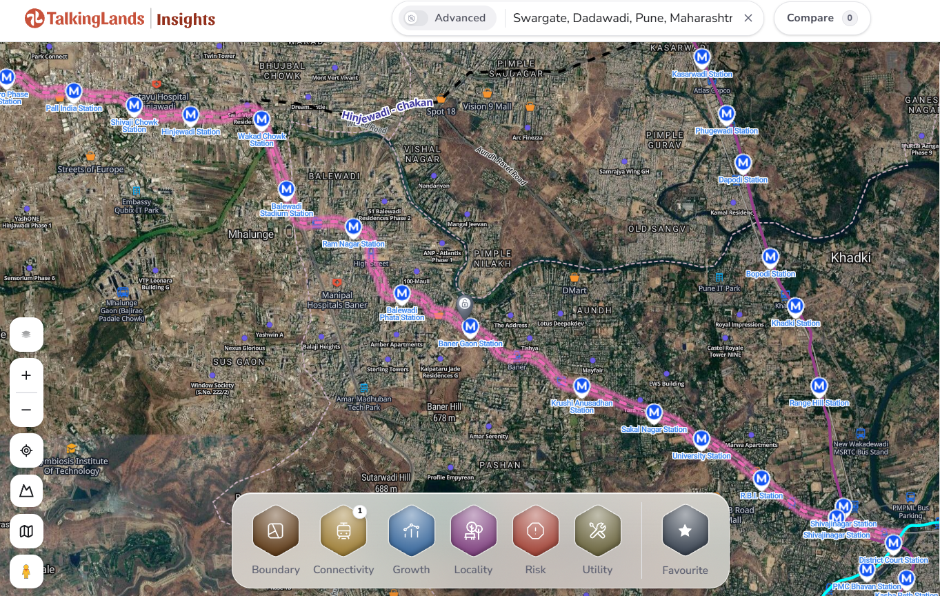 Pune Metro Line 3 corridor on the TalkingLands Insights map