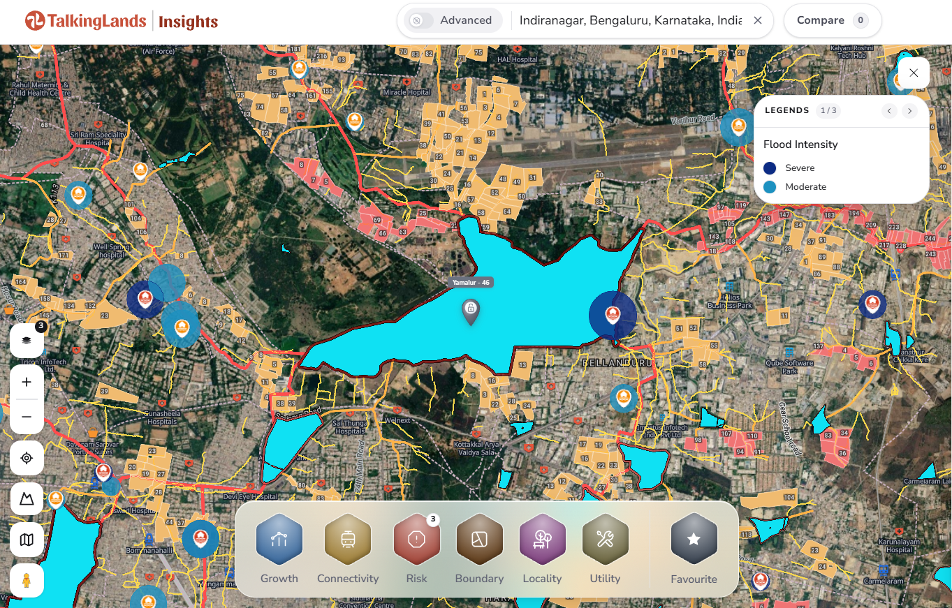 TalkingLands Insights flood-intensity map around Bellandur