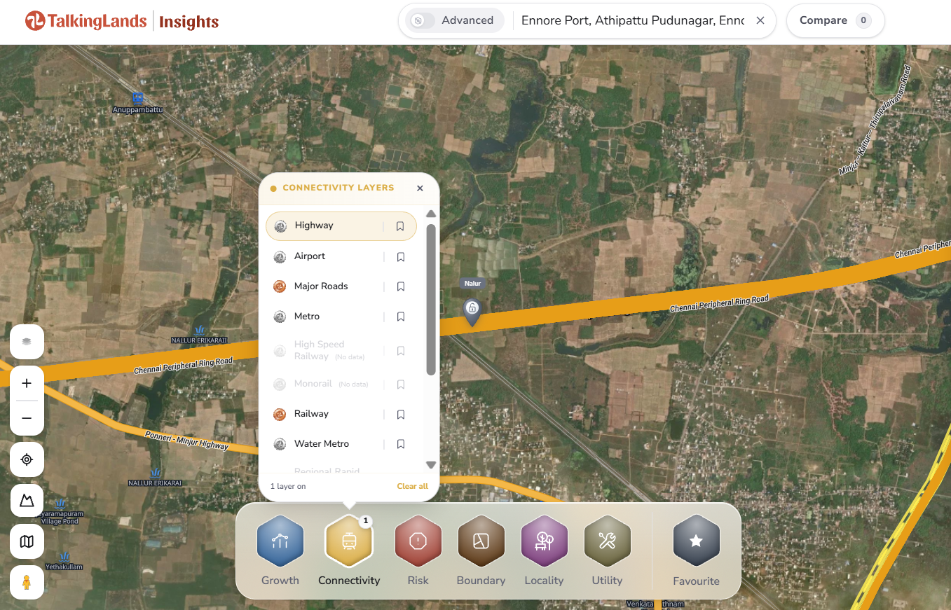 TalkingLands Insights Connectivity Layers panel with Highway on, showing the Chennai Peripheral Ring Road