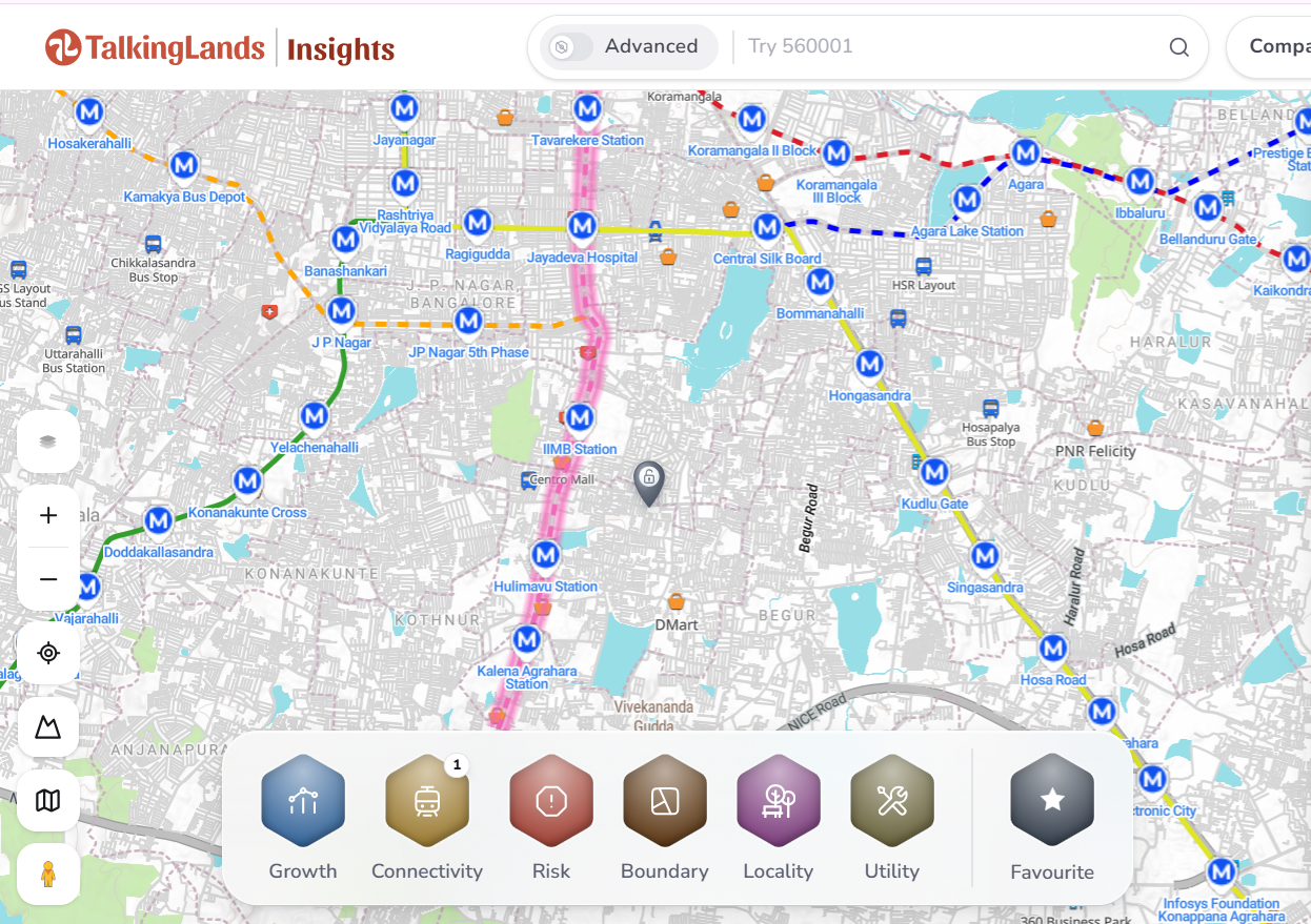 TalkingLands Insights map showing the Namma Metro Pink Line along Bannerghatta Road in South Bengaluru