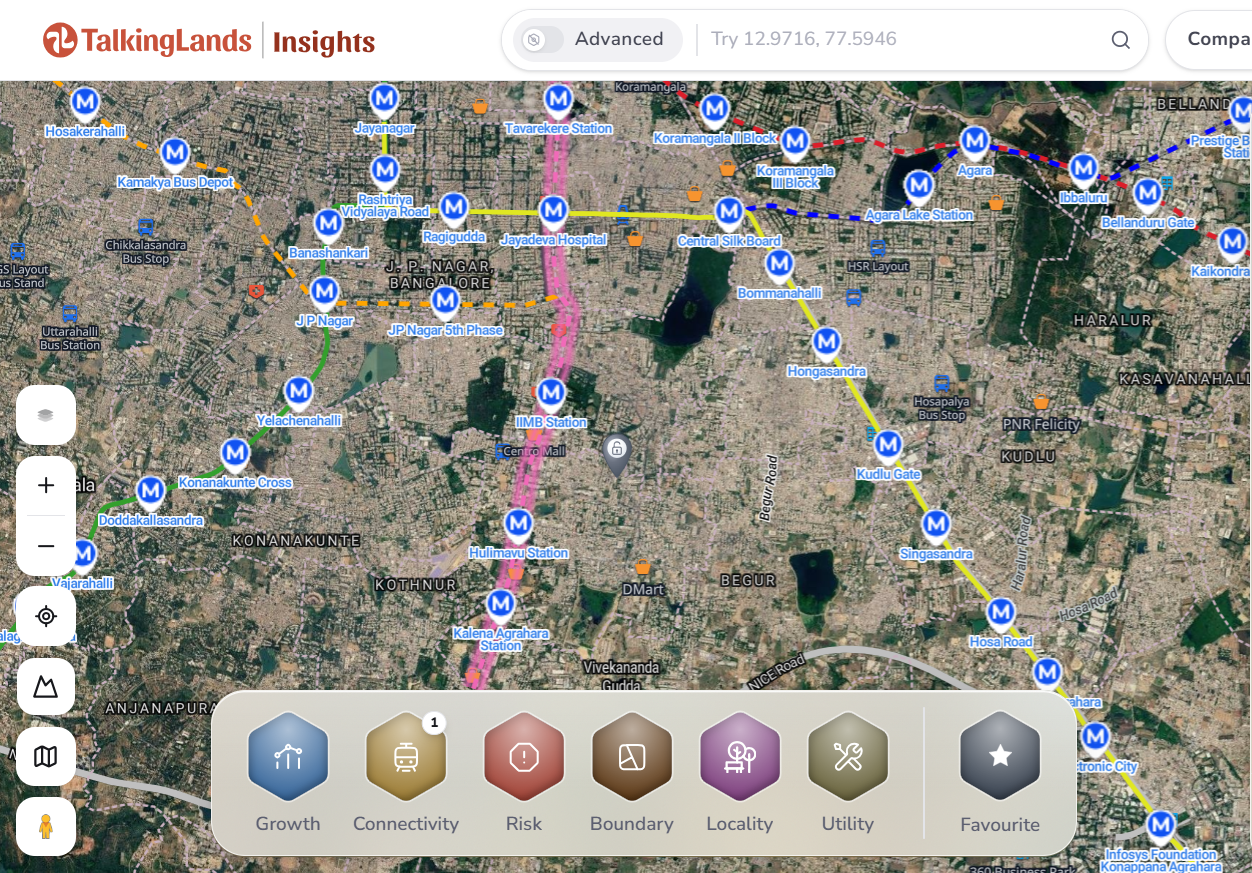 TalkingLands Insights Connectivity layer with Metro on, showing Pink Line stations near a plot