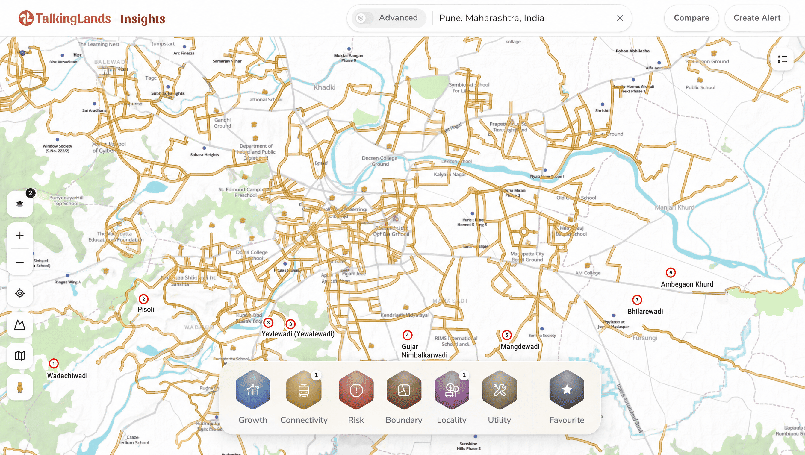 TalkingLands Insights showing the Satbara parcel and connectivity layers for a Pune plot