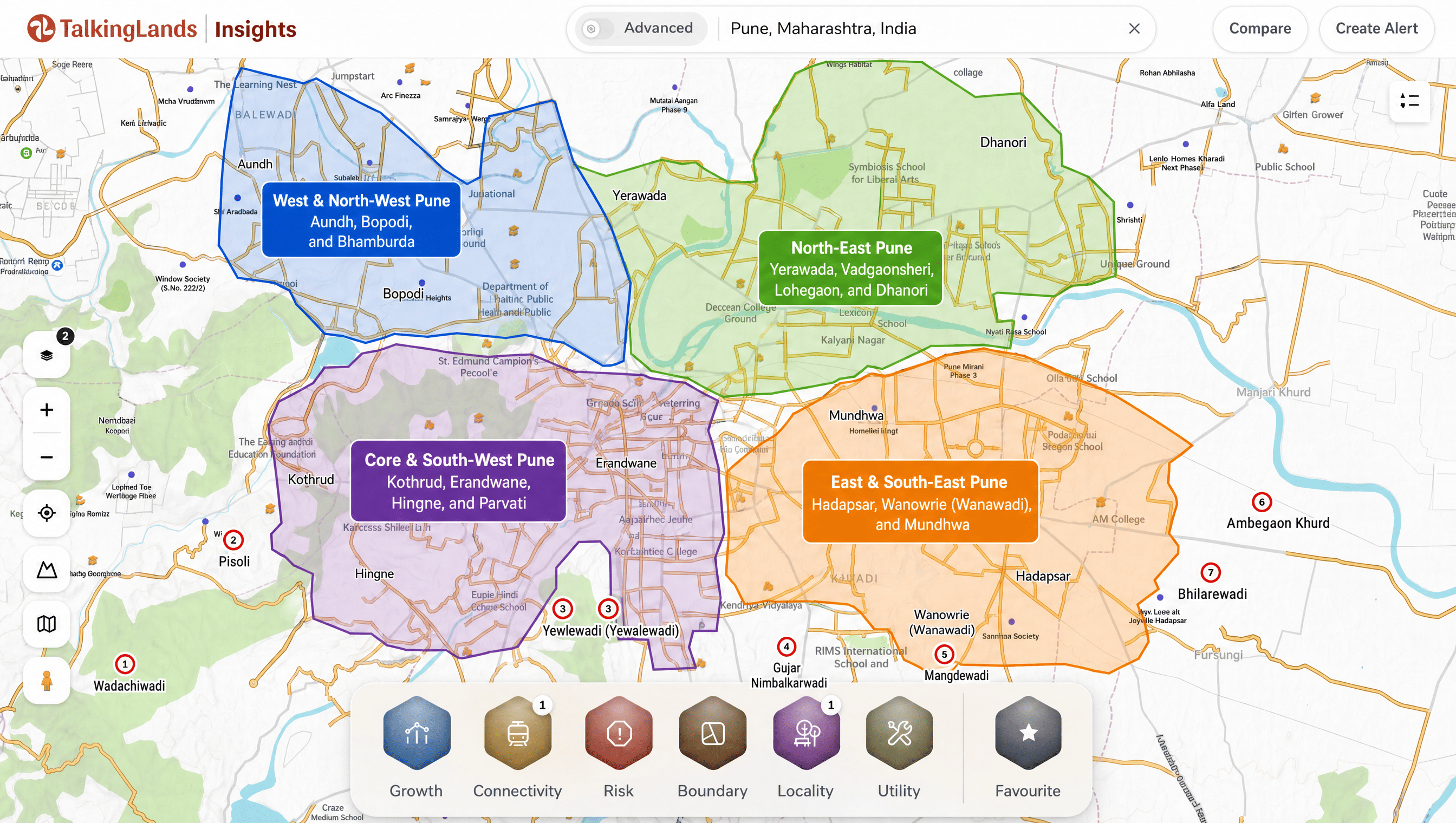 TalkingLands Insights parcel and connectivity view for a Pune plot