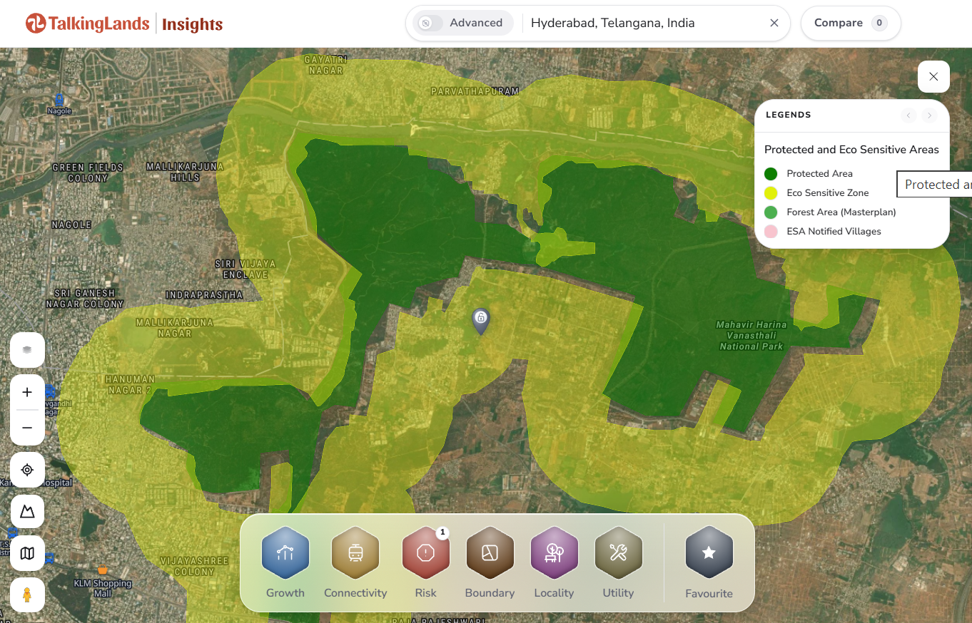 Protected area and eco-sensitive zone around a Hyderabad national park on TalkingLands Insights