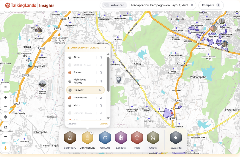 TalkingLands Insights map of a plot near the PRR-2 corridor in Bengaluru