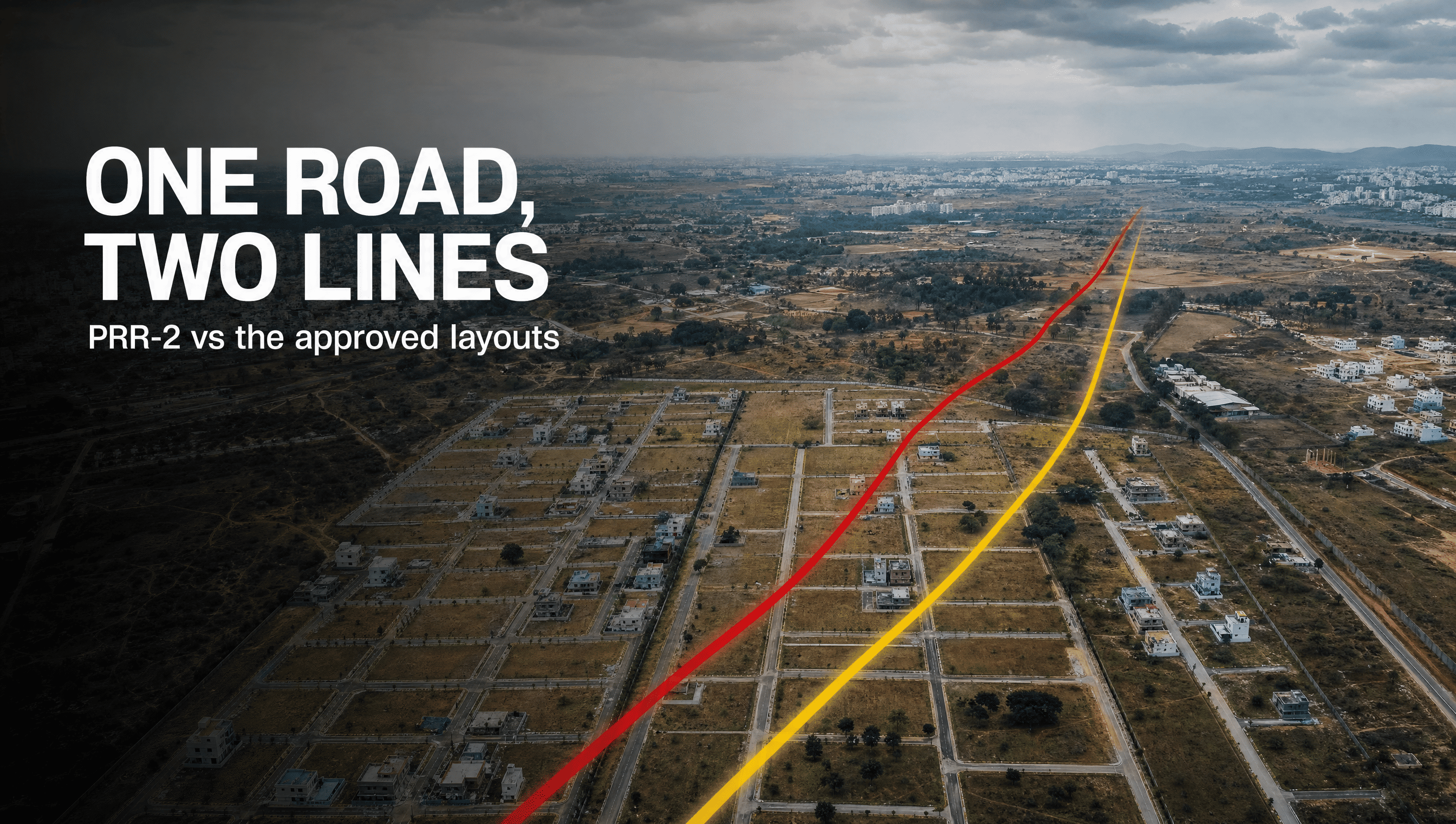 Two divergent road alignment lines overlaid on a plotted layout on the outskirts of Bengaluru