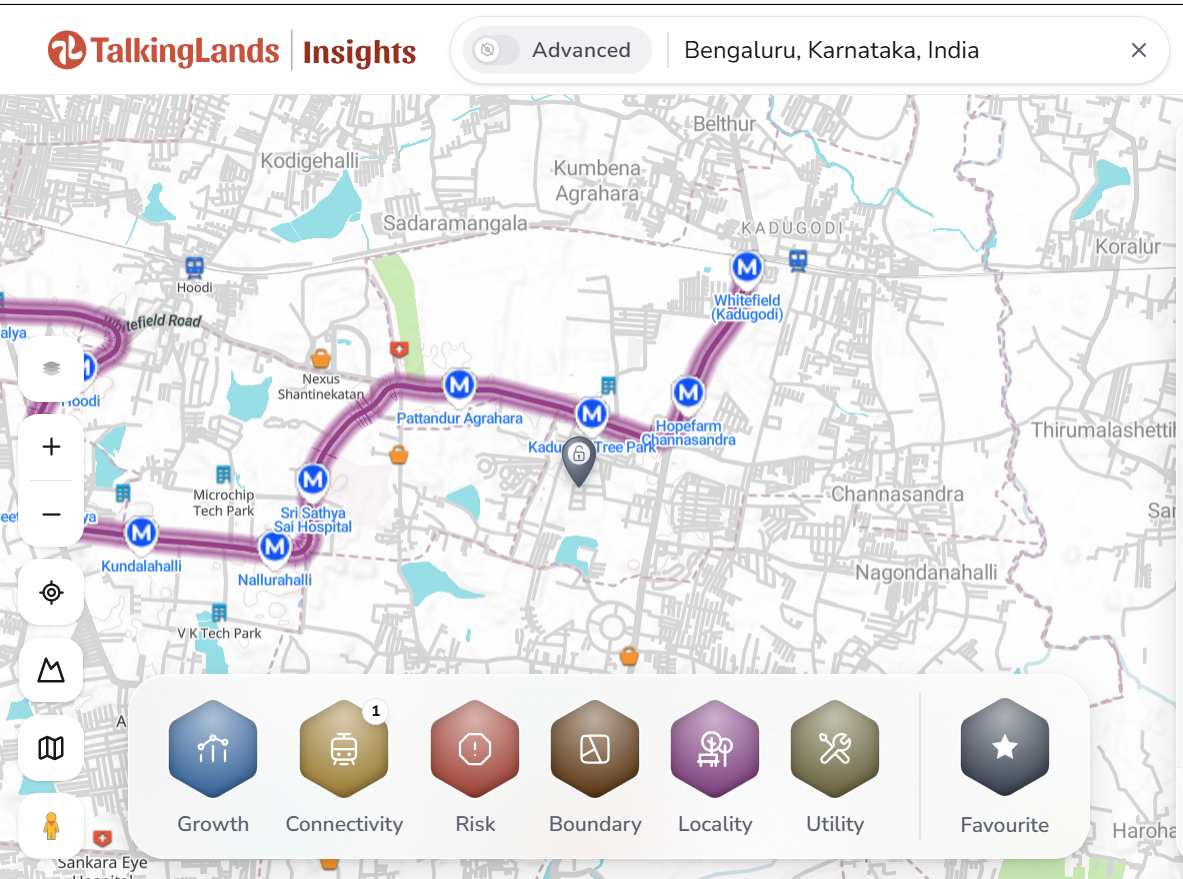 TalkingLands Insights map of the Purple Line corridor and Whitefield / Kadugodi area in East Bengaluru