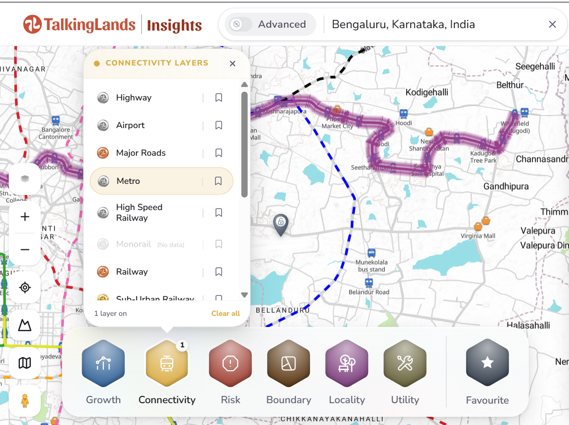 TalkingLands Insights Connectivity layer with Metro on, showing Purple Line stations near a plot