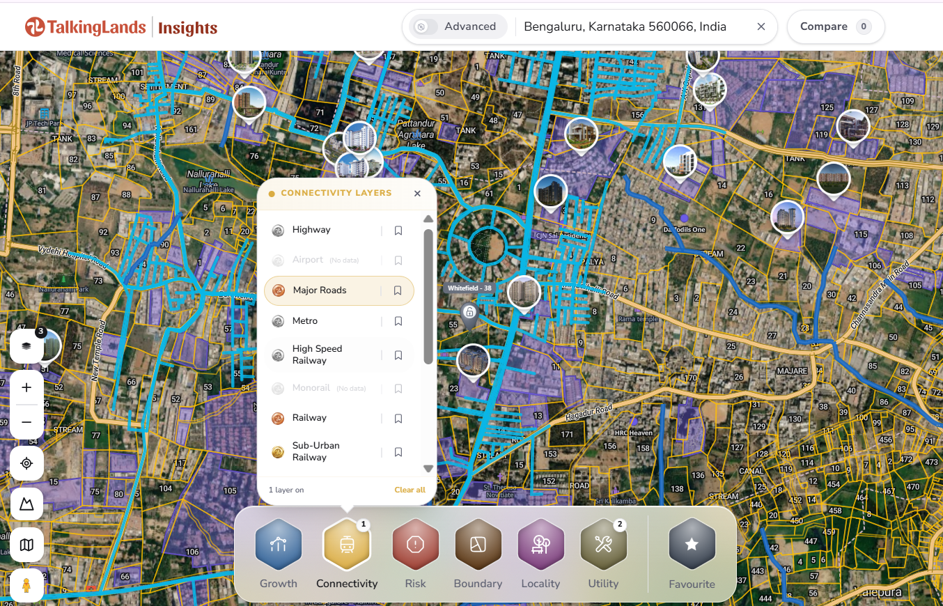 TalkingLands Insights view of the Thubarahalli and Whitefield area in East Bengaluru