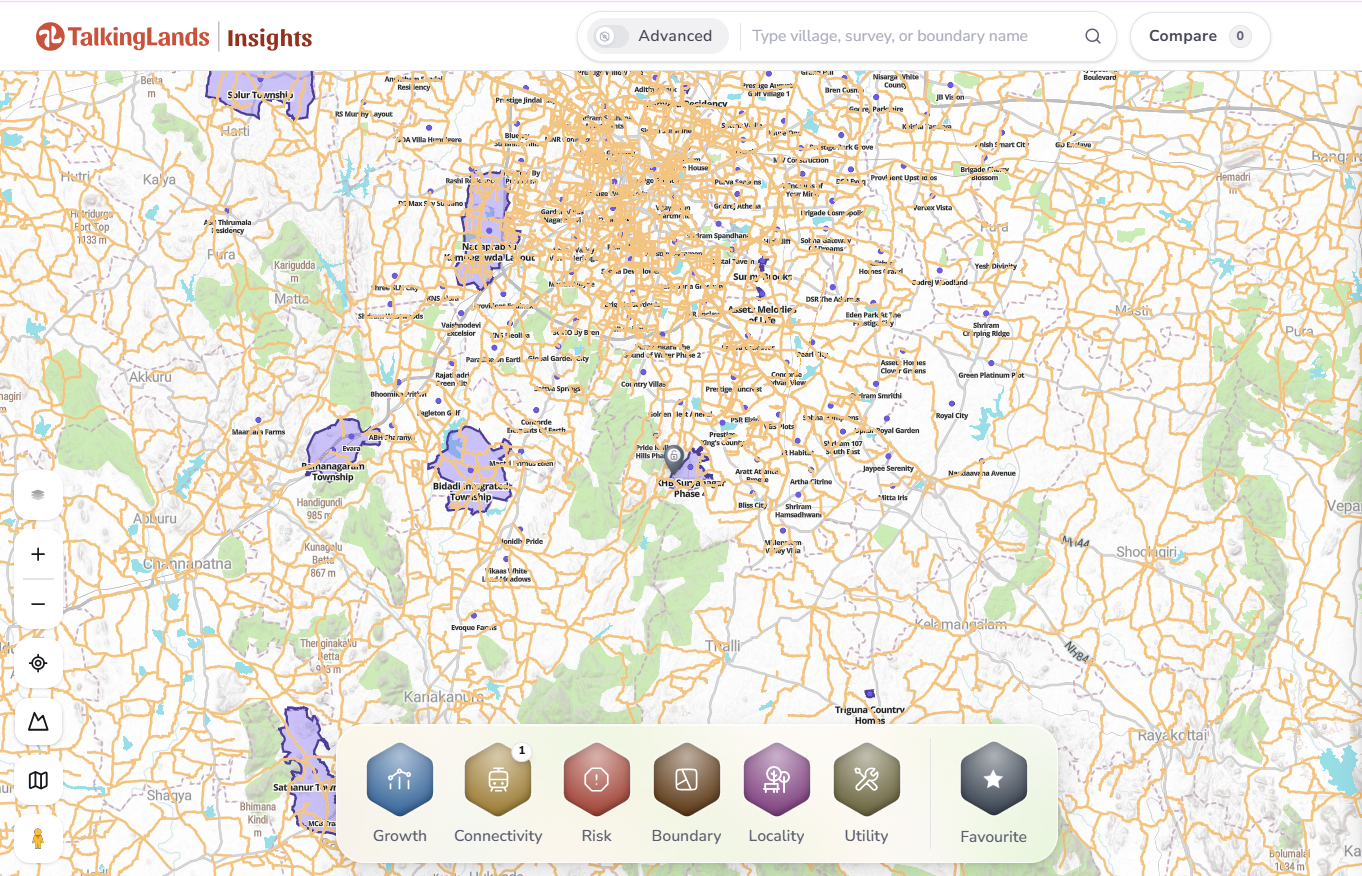 TalkingLands Insights Boundary and Connectivity layers on a parcel on Bengaluru's outskirts