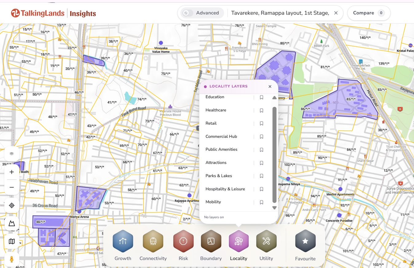 TalkingLands Insights Boundary and Risk layers on a parcel in south Bengaluru