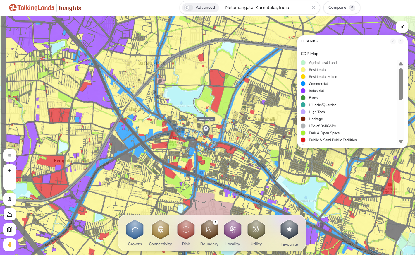 Nelamangala CDP land-use zoning on the TalkingLands Insights map