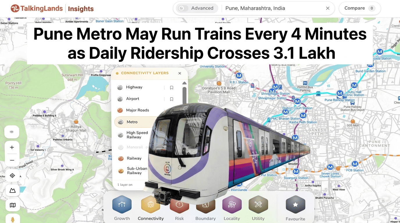 Pune Metro corridors and stations over a plot on TalkingLands Insights