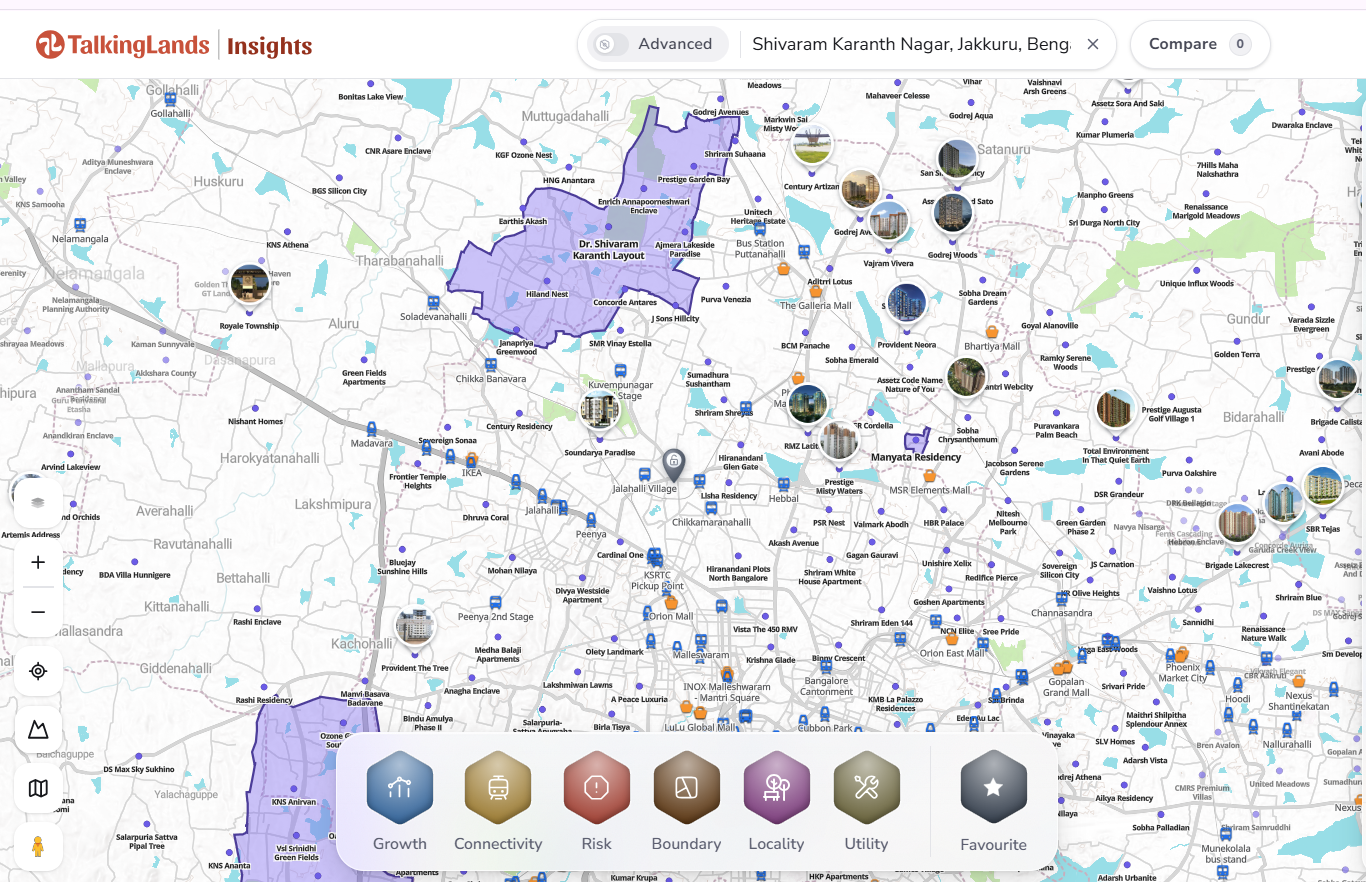 Step-by-step view of checking a plot's parcel and area status in the Karanth Layout on TalkingLands Insights