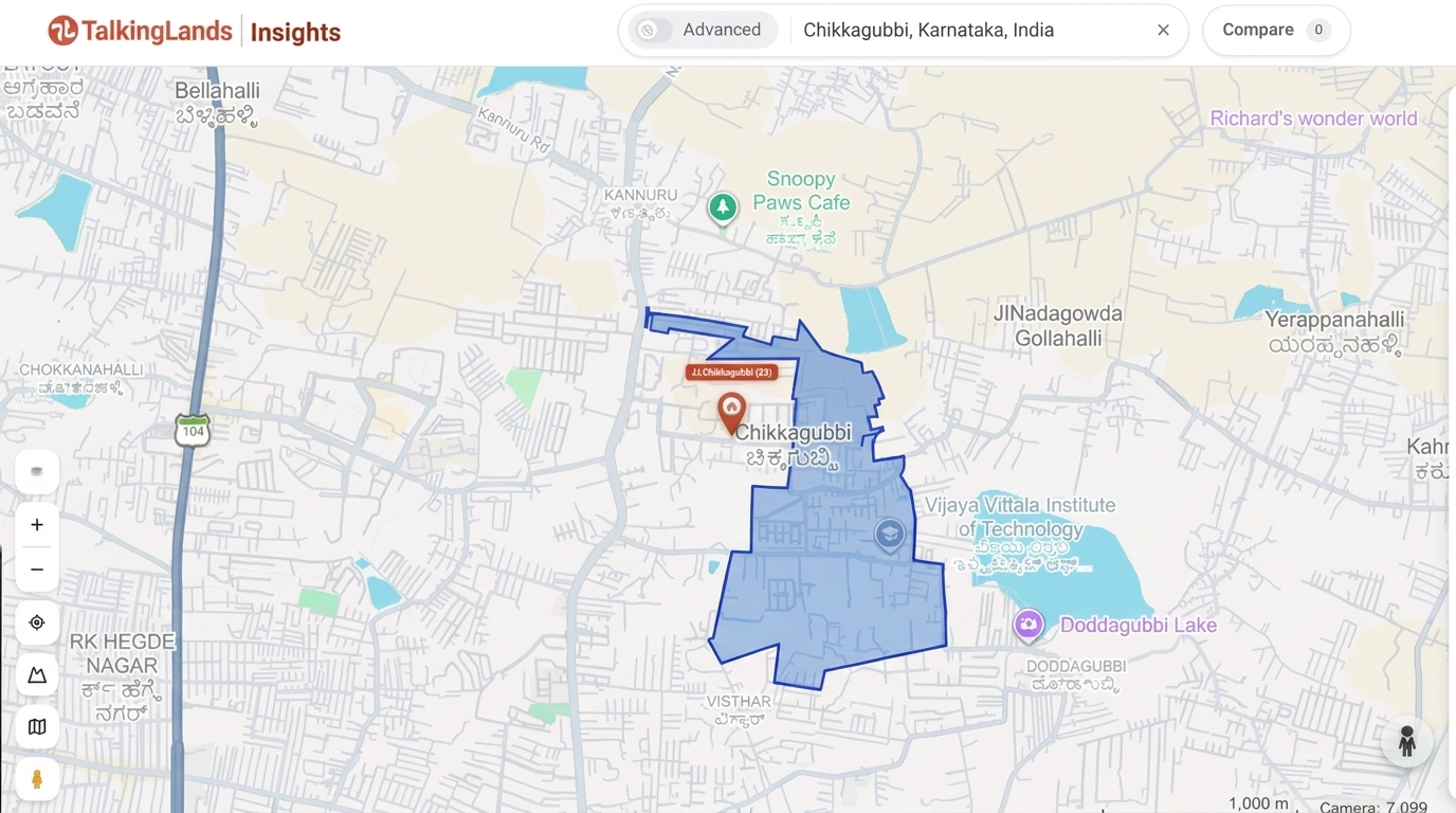 TalkingLands Insights map showing the Hennur-Bagalur Road and Chikkagubbi area over the parcel layer