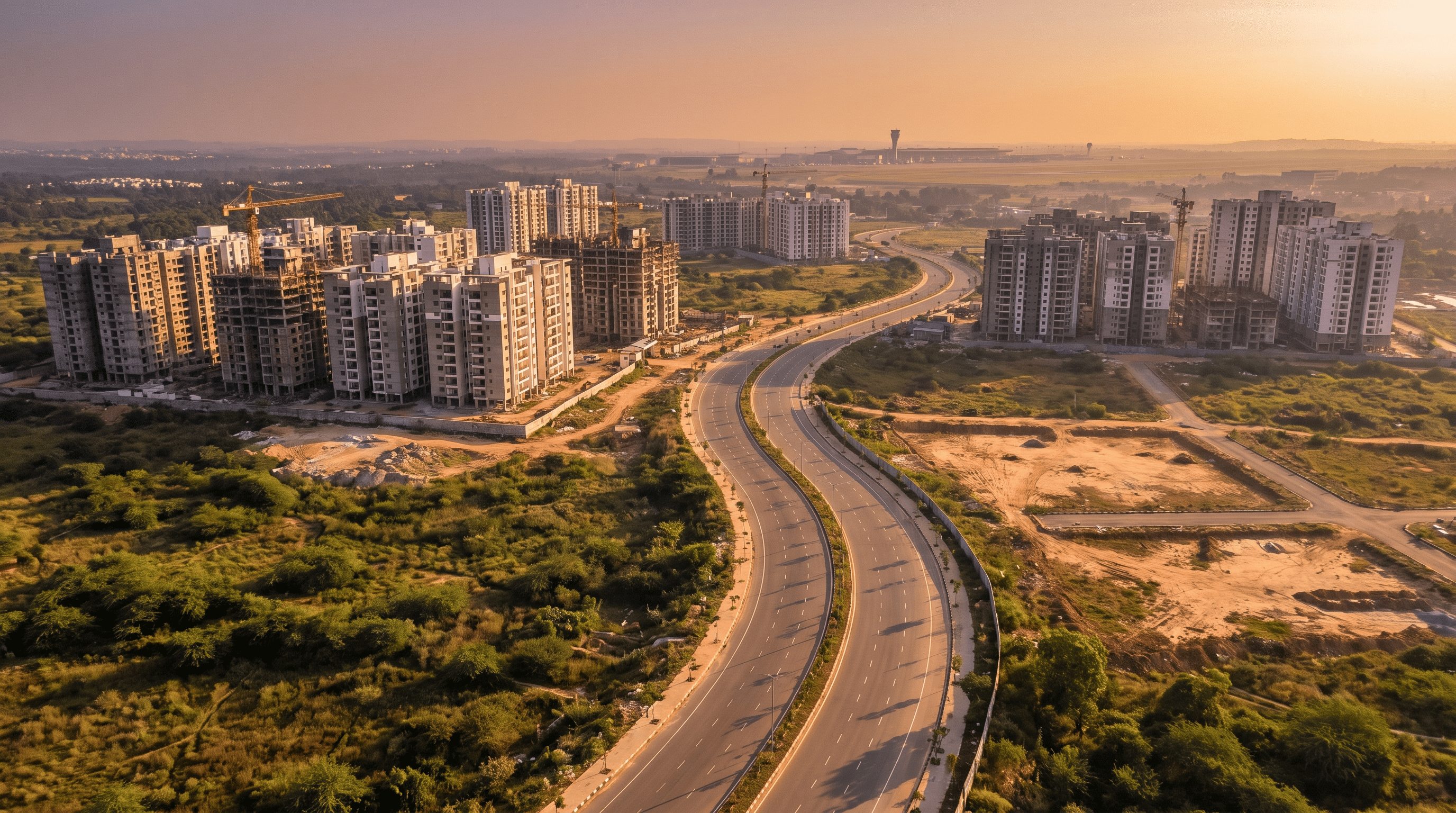 Wide view of a new residential development rising along a tree-lined arterial road in North Bengaluru at golden hour