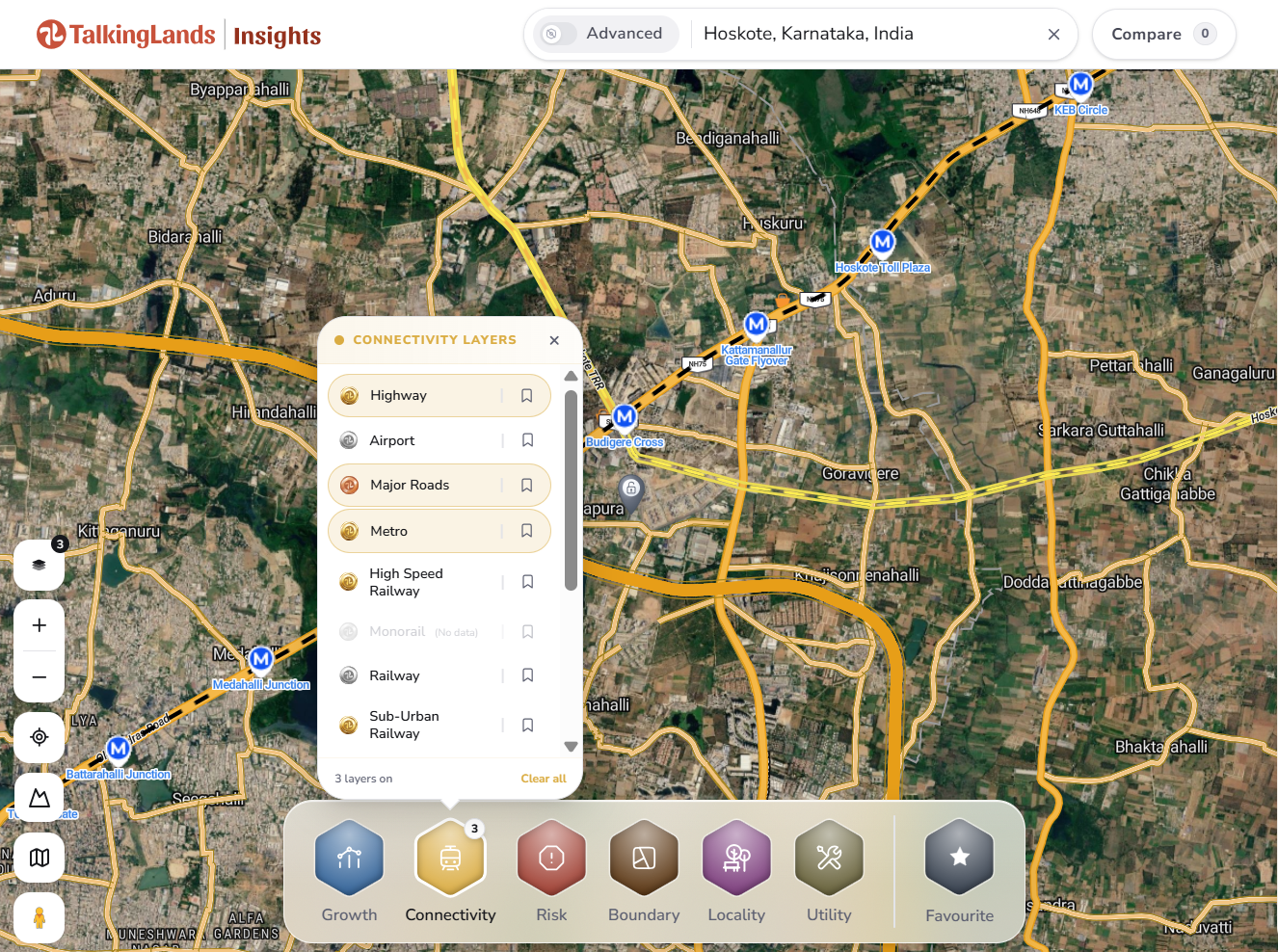 TalkingLands Insights Connectivity menu around Hoskote with Highway, Major Roads and Metro selected and three layers on