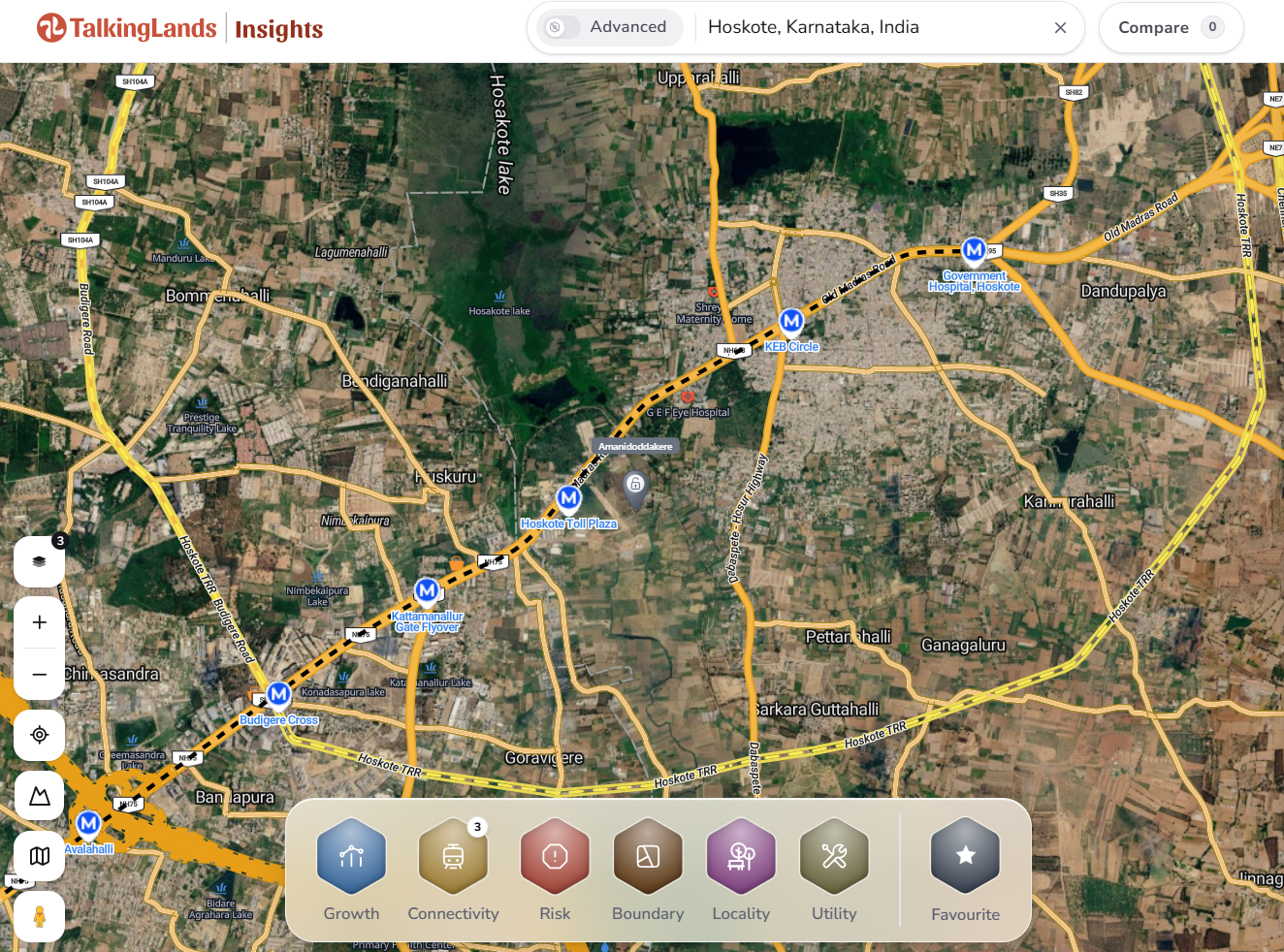 TalkingLands Hoskote map showing Avalahalli, Budigere Cross, Kattamanallur Gate Flyover, Hoskote Toll Plaza, KEB Circle and Government Hospital station markers alongside roads