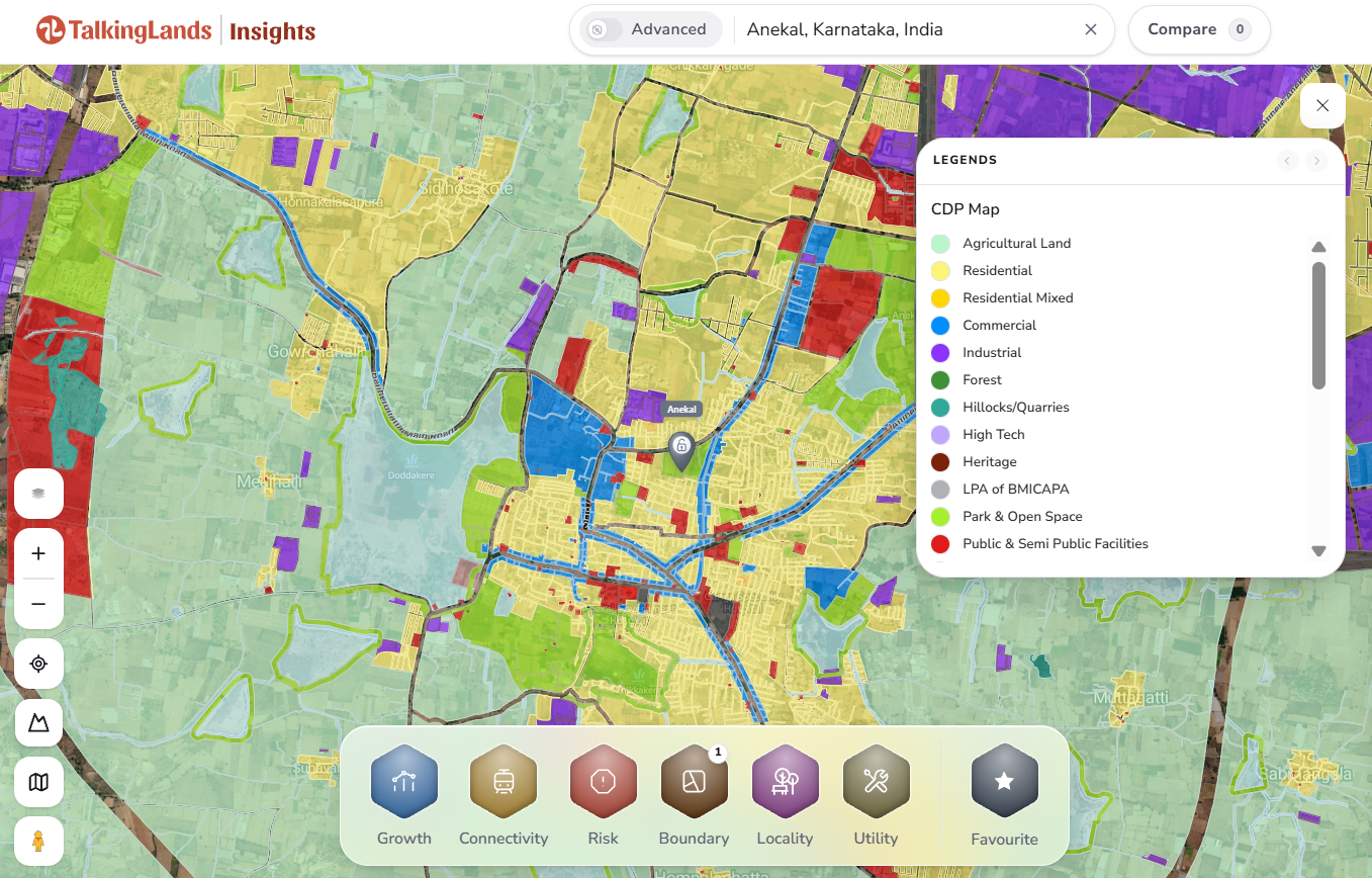 TalkingLands Insights map showing the Anekal master plan CDP layer over plots and roads