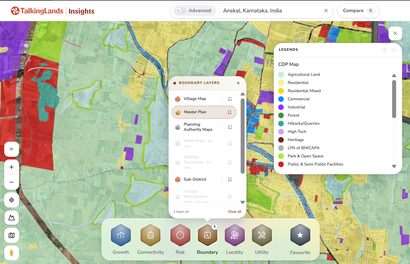 Step-by-step view of checking a plot's master plan zone and planning authority in Anekal on TalkingLands Insights