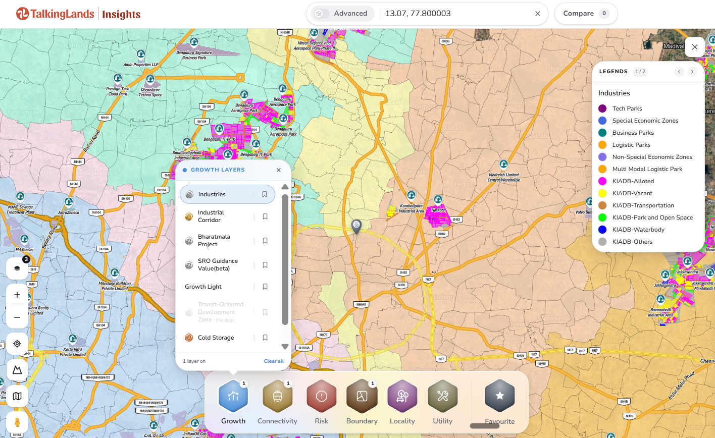 TalkingLands Insights Growth layers panel with the Industries layer switched on and its legend over a Bengaluru region map