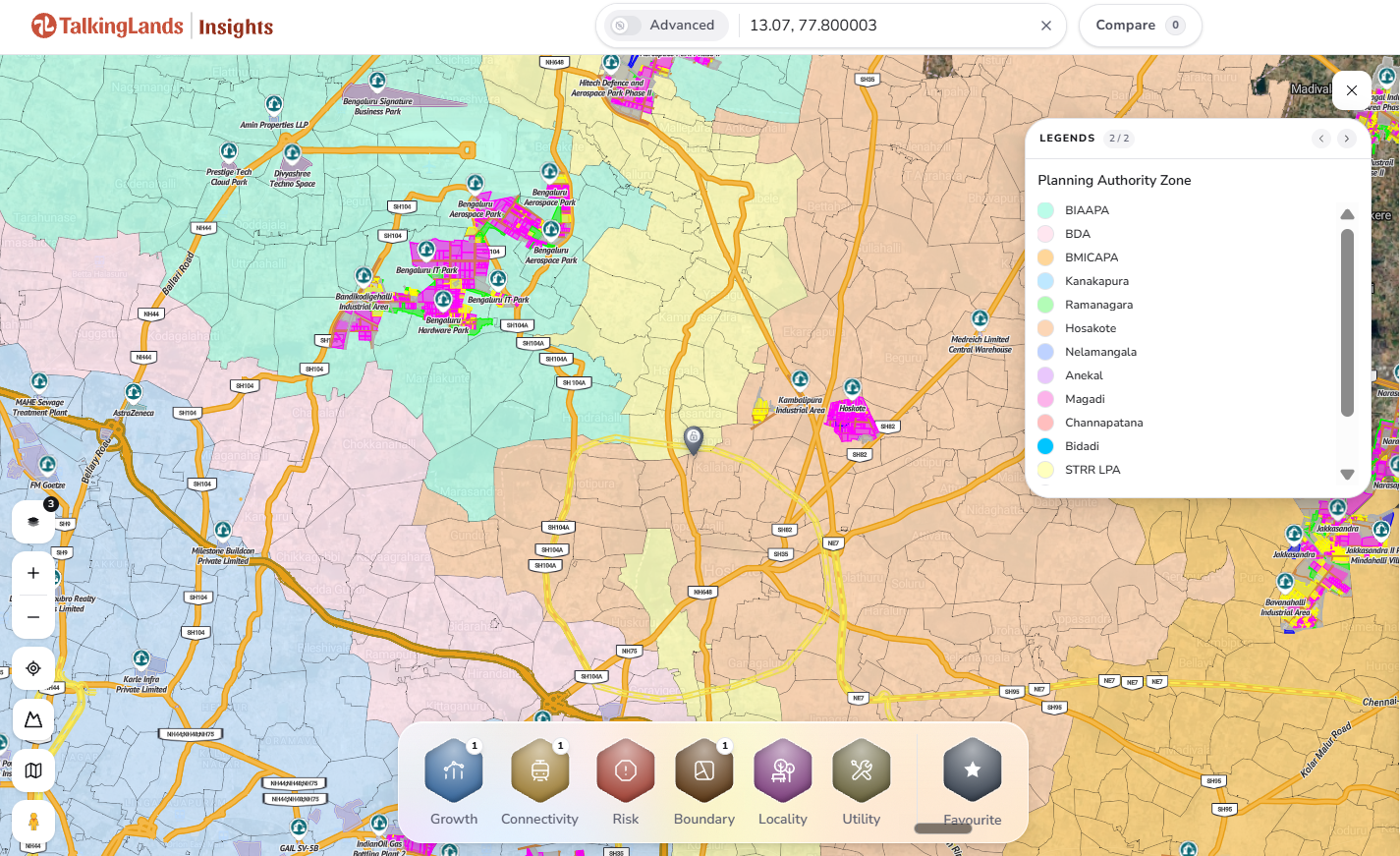 TalkingLands Insights map showing the Planning Authority Zone legend with BIAAPA, BDA, BMICAPA, Hosakote, Anekal and other authorities across the Bengaluru region