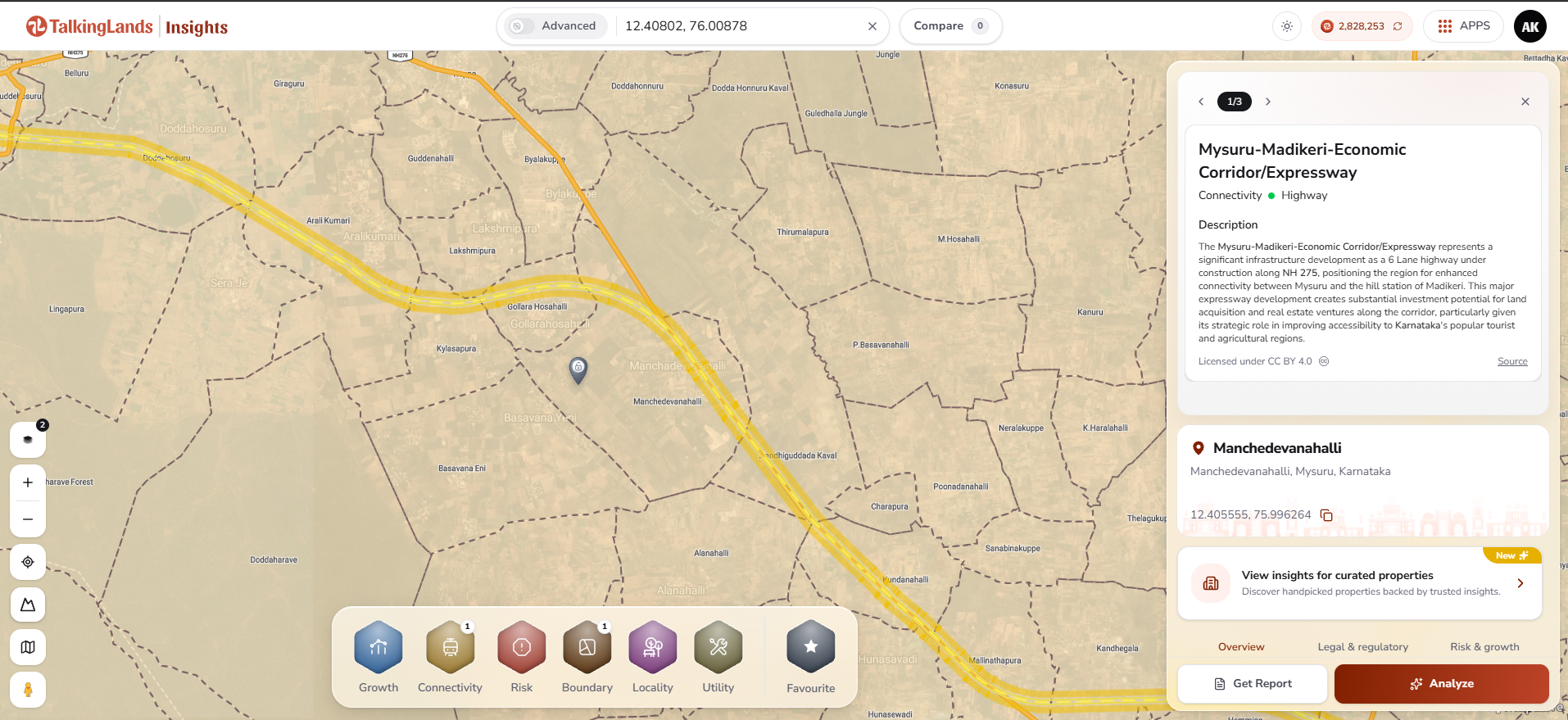 TalkingLands Insights map showing the highlighted Mysuru-Madikeri highway corridor near Manchadevanahalli with the information panel