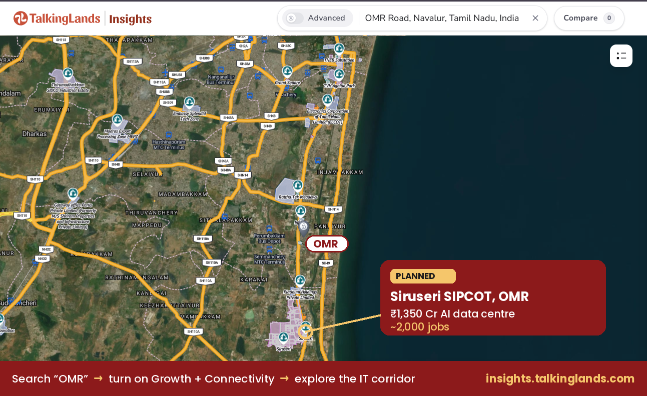 TalkingLands Insights map of the OMR IT corridor near Siruseri SIPCOT