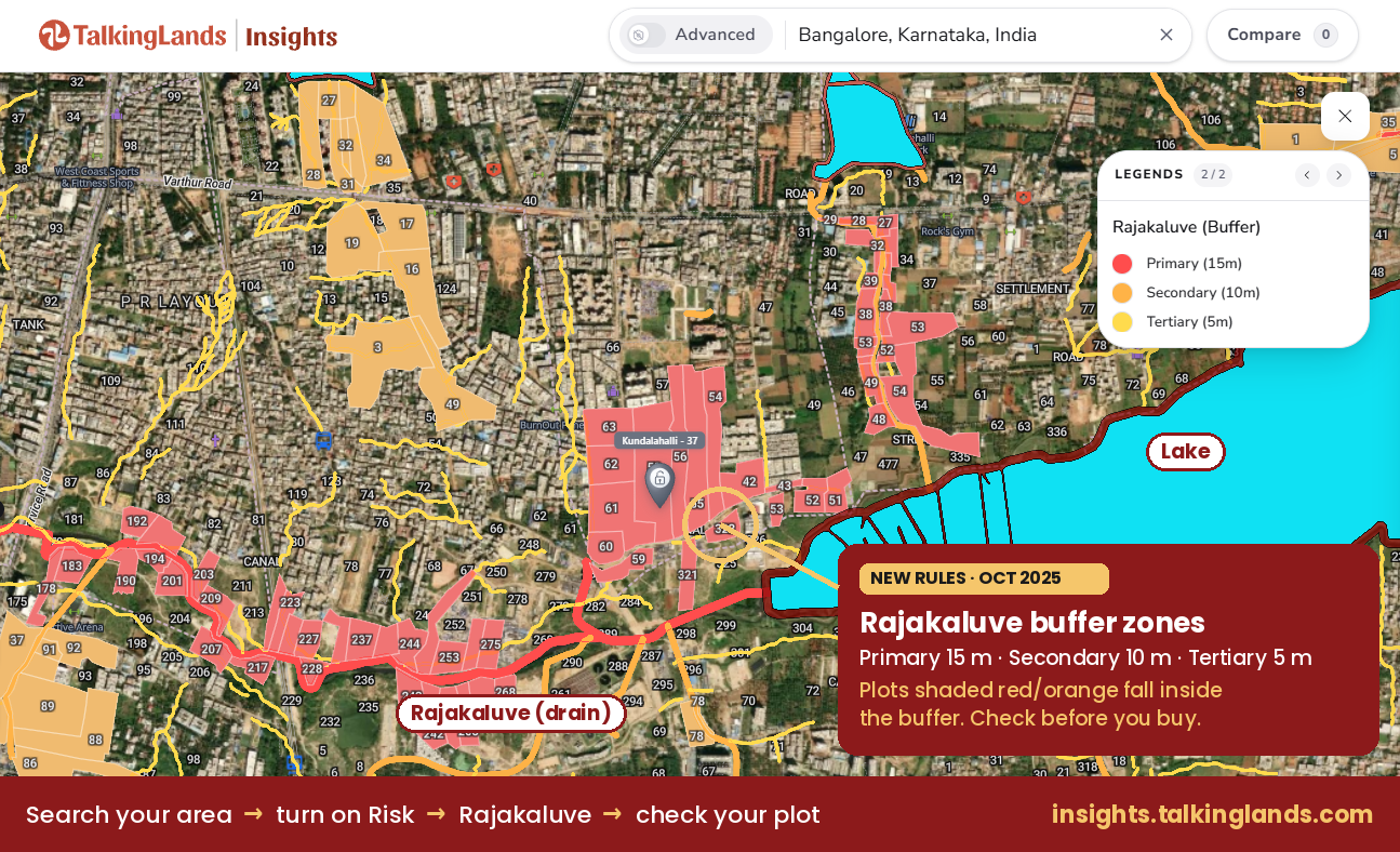 TalkingLands Insights map showing rajakaluve buffer zones in Bangalore: primary 15m, secondary 10m and tertiary 5m