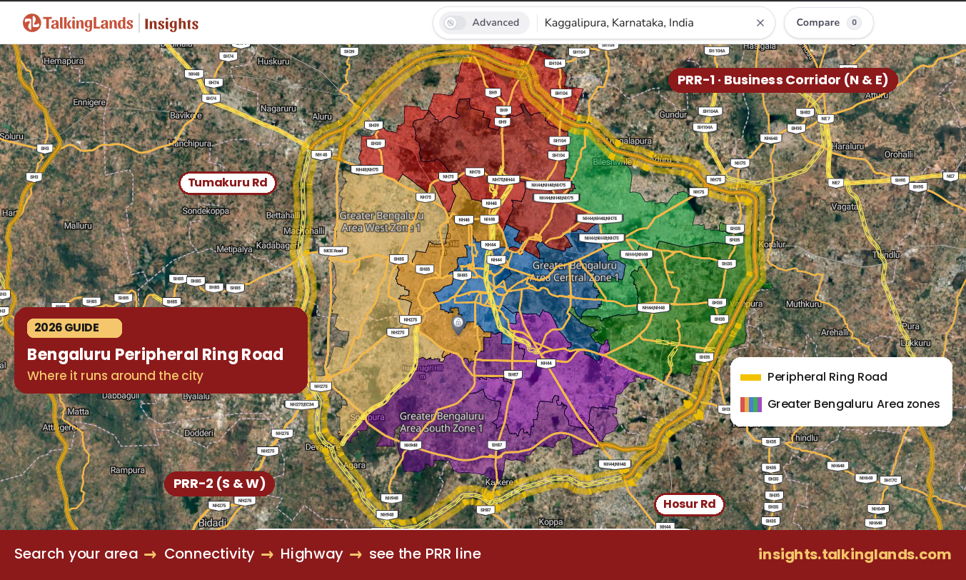 Peripheral ring road Bangalore route map showing PRR-1 Business Corridor and PRR-2 around the city