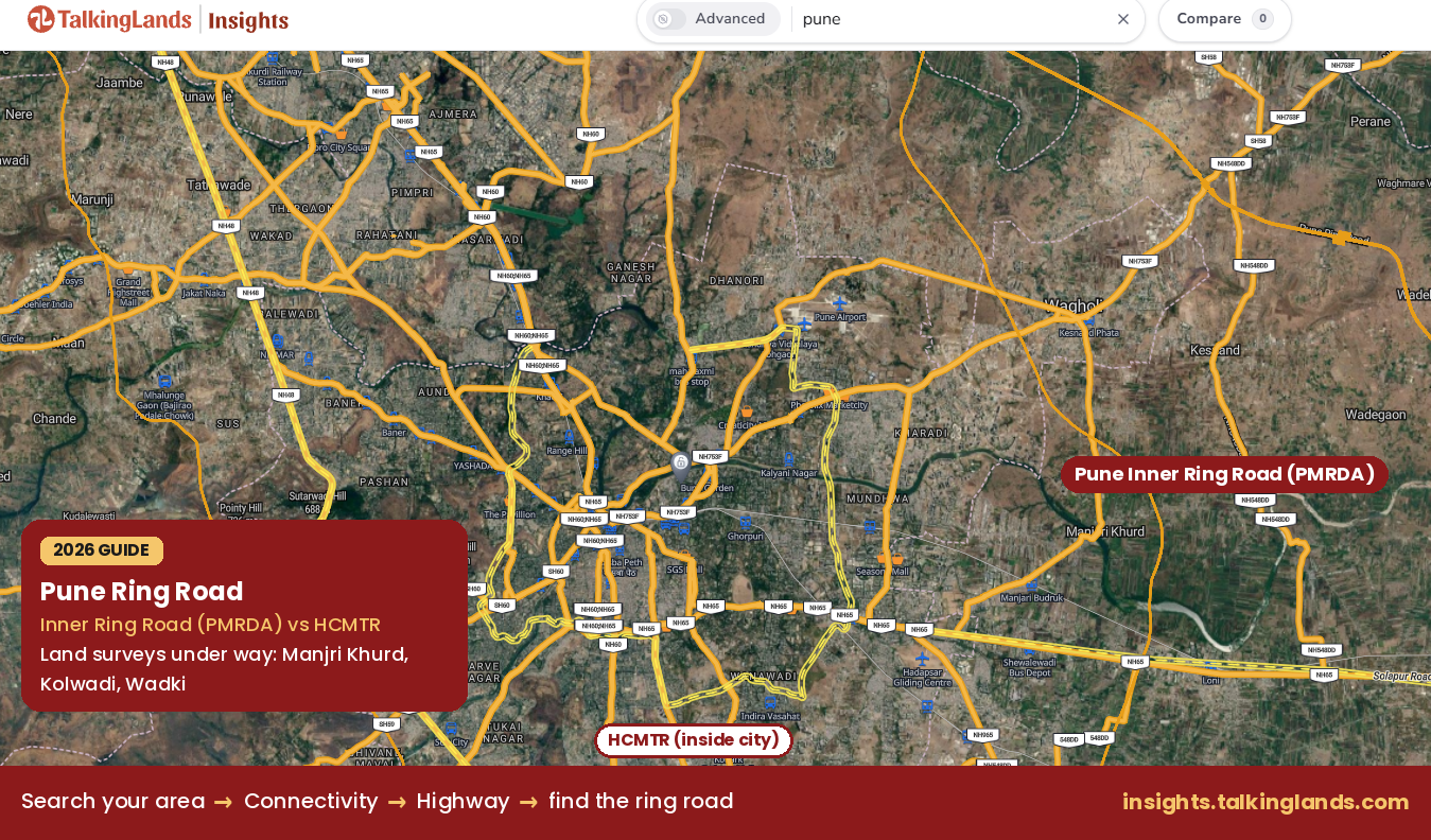 Pune ring road map showing PMRDA Inner Ring Road and HCMTR around the city