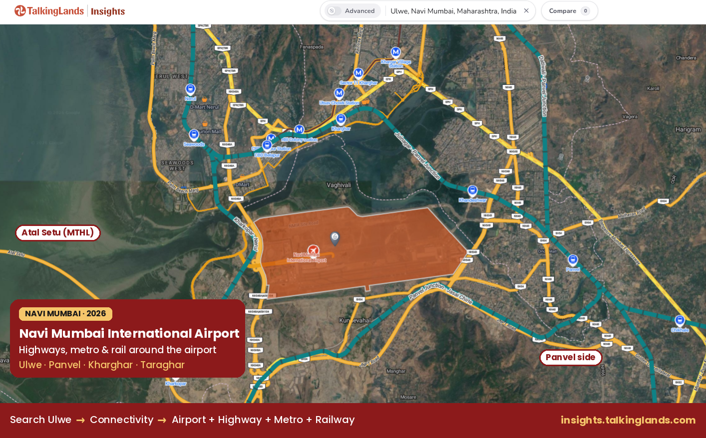 Navi Mumbai International Airport connectivity map with highways, rail and metro around Ulwe and Panvel