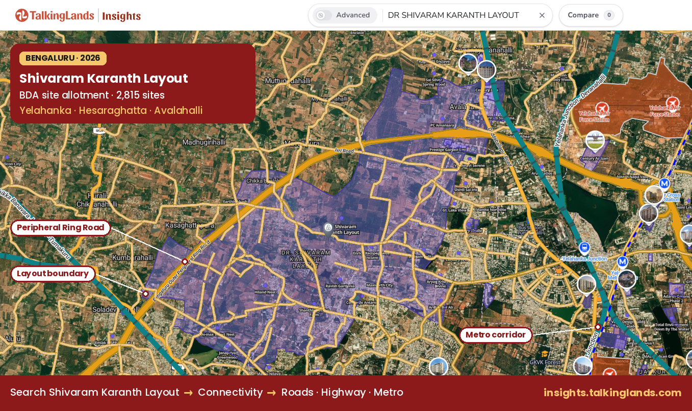 Shivaram Karanth Layout map showing roads, highway, metro corridor and peripheral ring road near Yelahanka