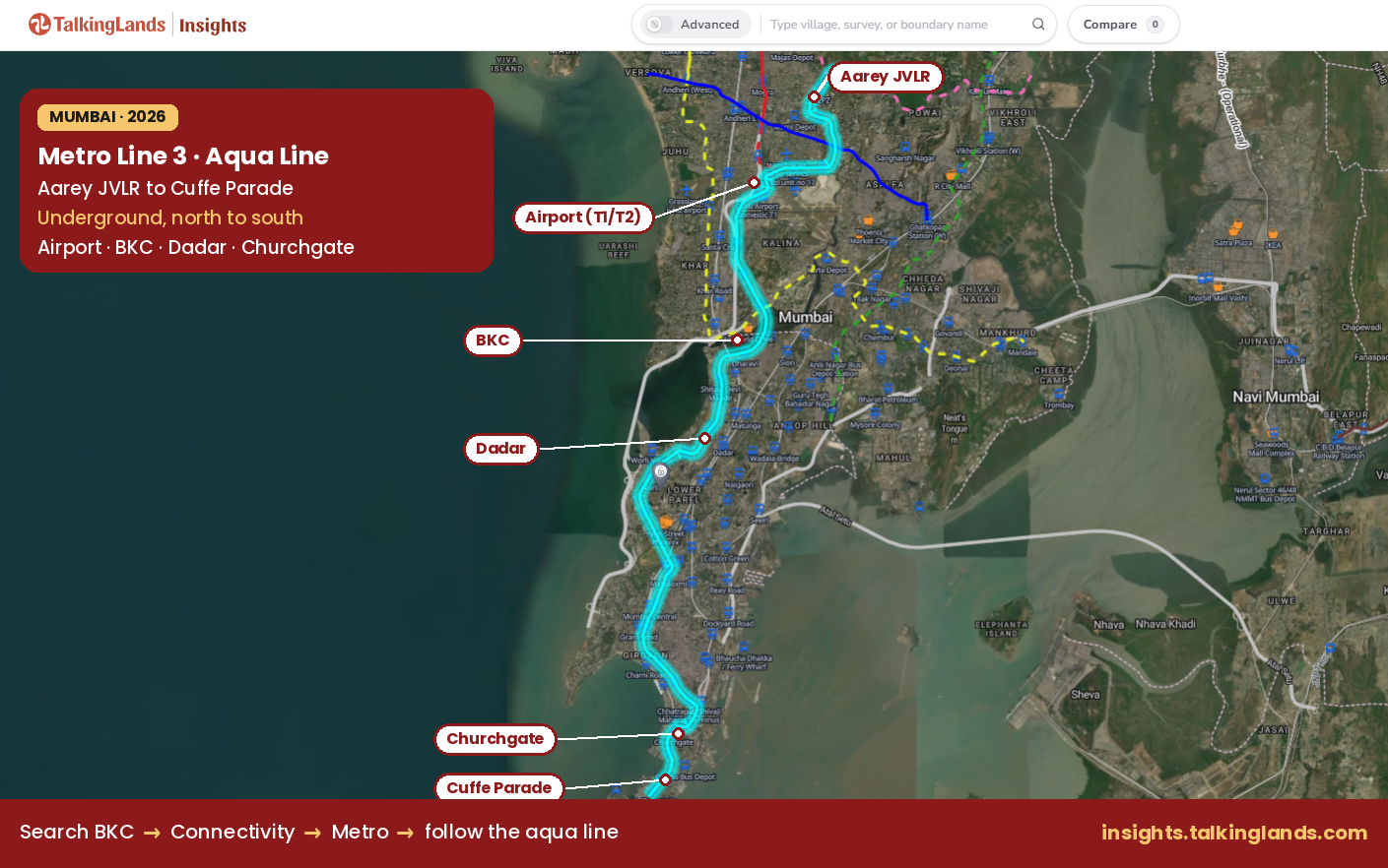 Mumbai Metro Line 3 Aqua Line route map from Aarey JVLR to Cuffe Parade on TalkingLands Insights
