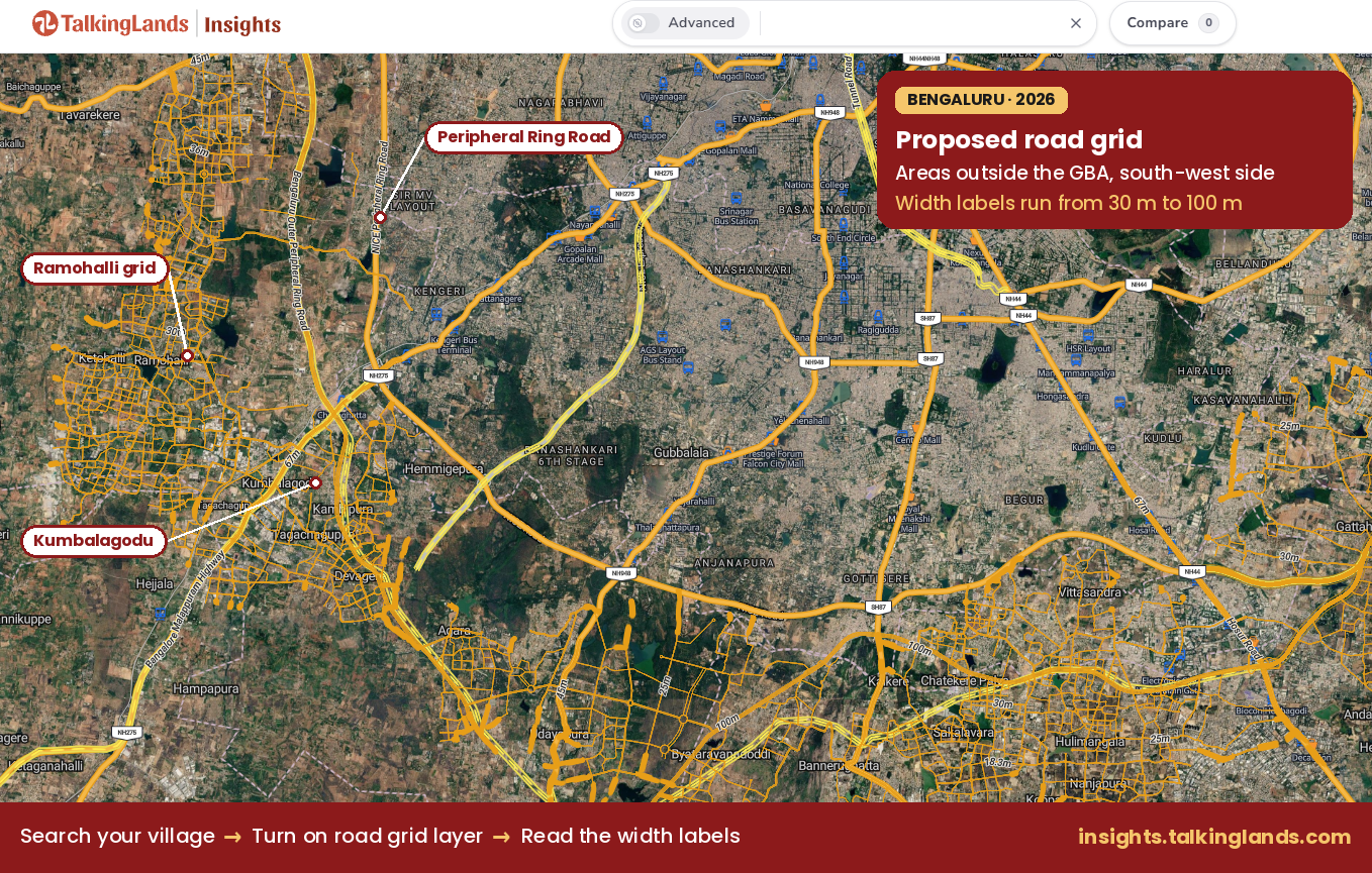 TalkingLands Insights map of the proposed road grid in south-west Bengaluru, outside the GBA, with width labels from 30 m to 100 m.