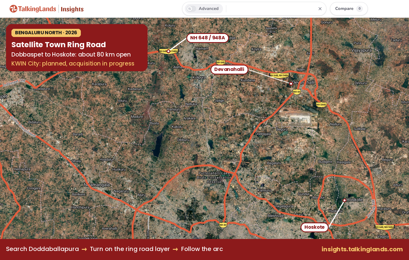 TalkingLands Insights map of the Satellite Town Ring Road north arc from Dobbaspet through Devanahalli to Hoskote