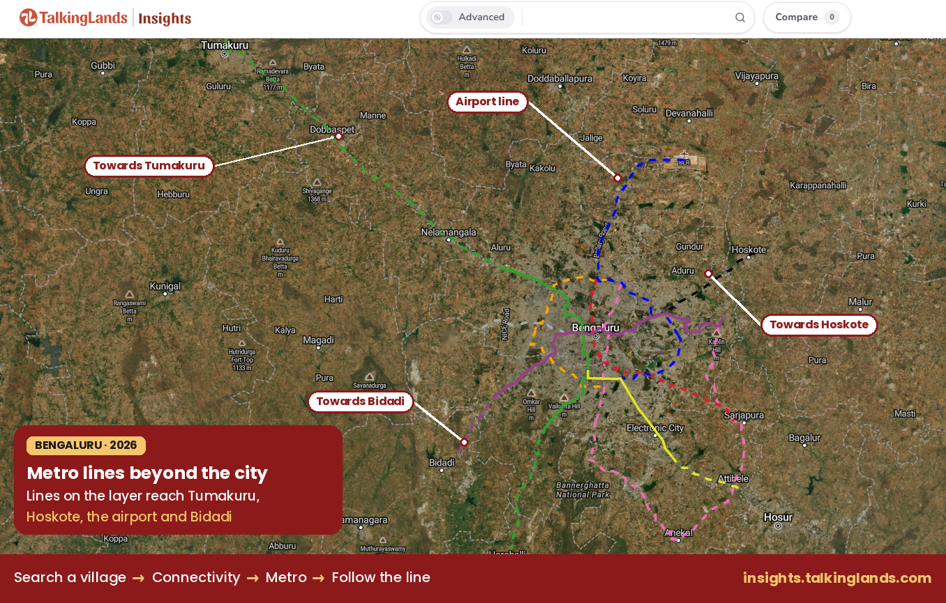 Bengaluru metro Phase 4 proposed lines on the TalkingLands Insights map toward Tumakuru, Hoskote, the airport and Bidadi